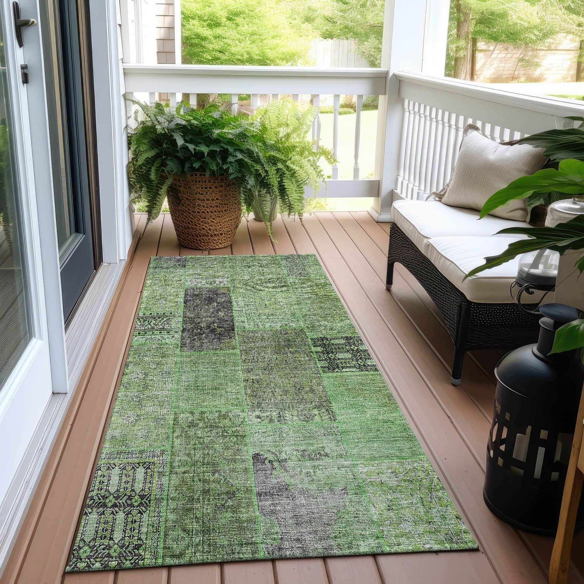 Machine Washable Green Rug - Indoor / Outdoor - Kids / Pet Friendly Patchwork Print Rug
