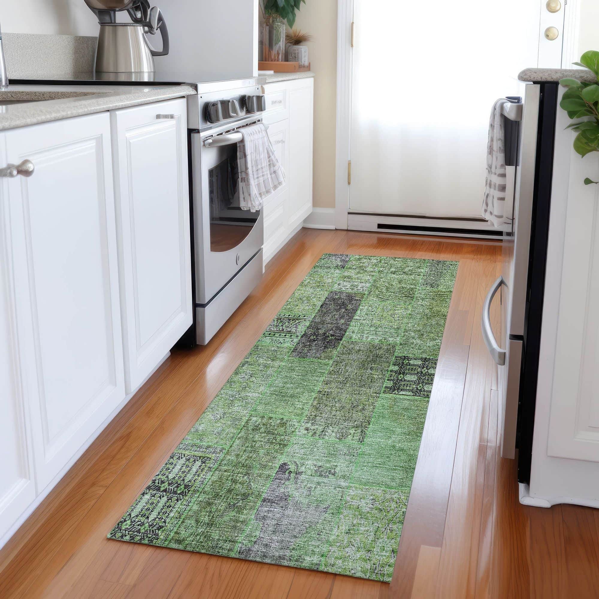 Machine Washable Green Rug - Indoor / Outdoor - Kids / Pet Friendly Patchwork Print Rug
