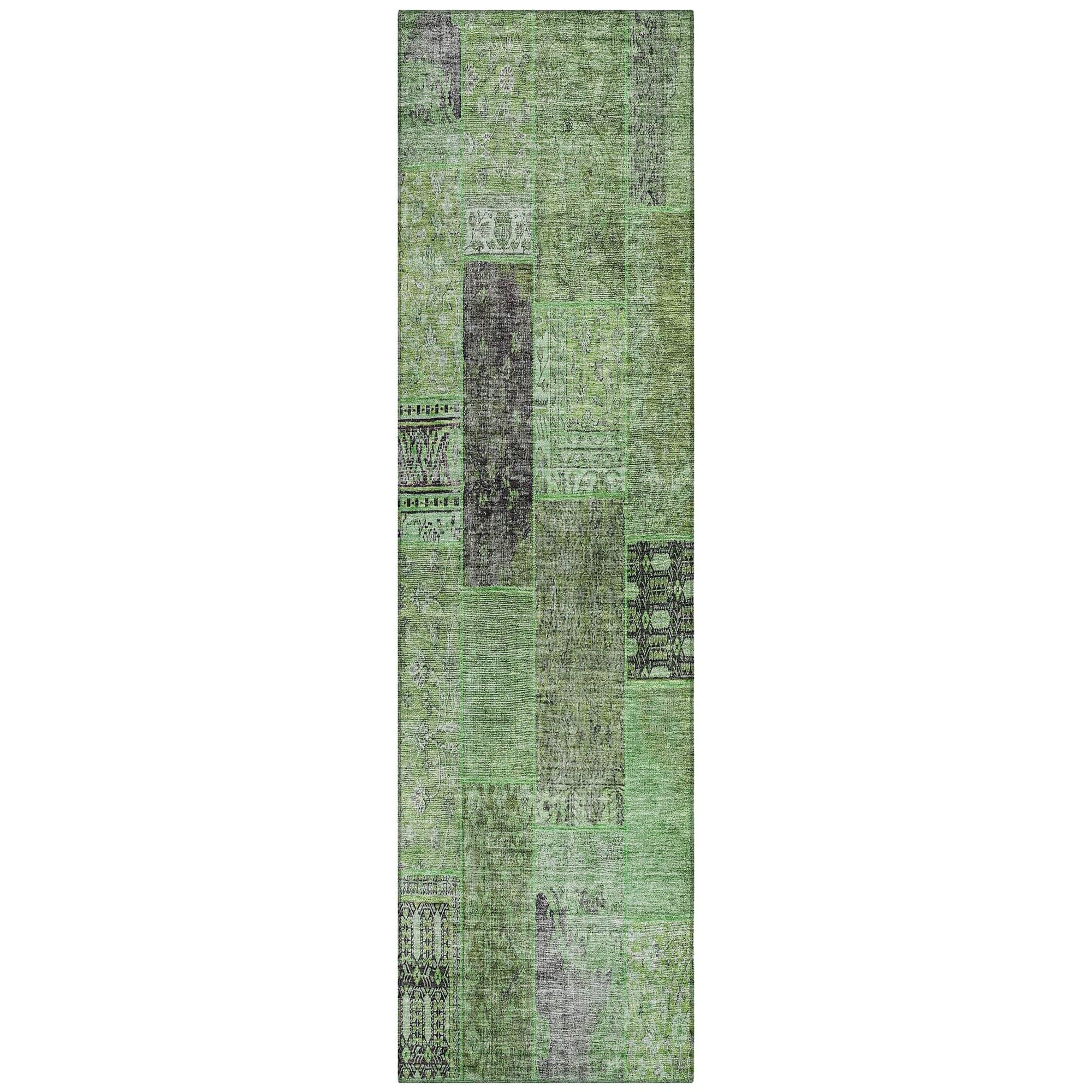 Machine Washable Green Rug - Indoor / Outdoor - Kids / Pet Friendly Patchwork Print Rug