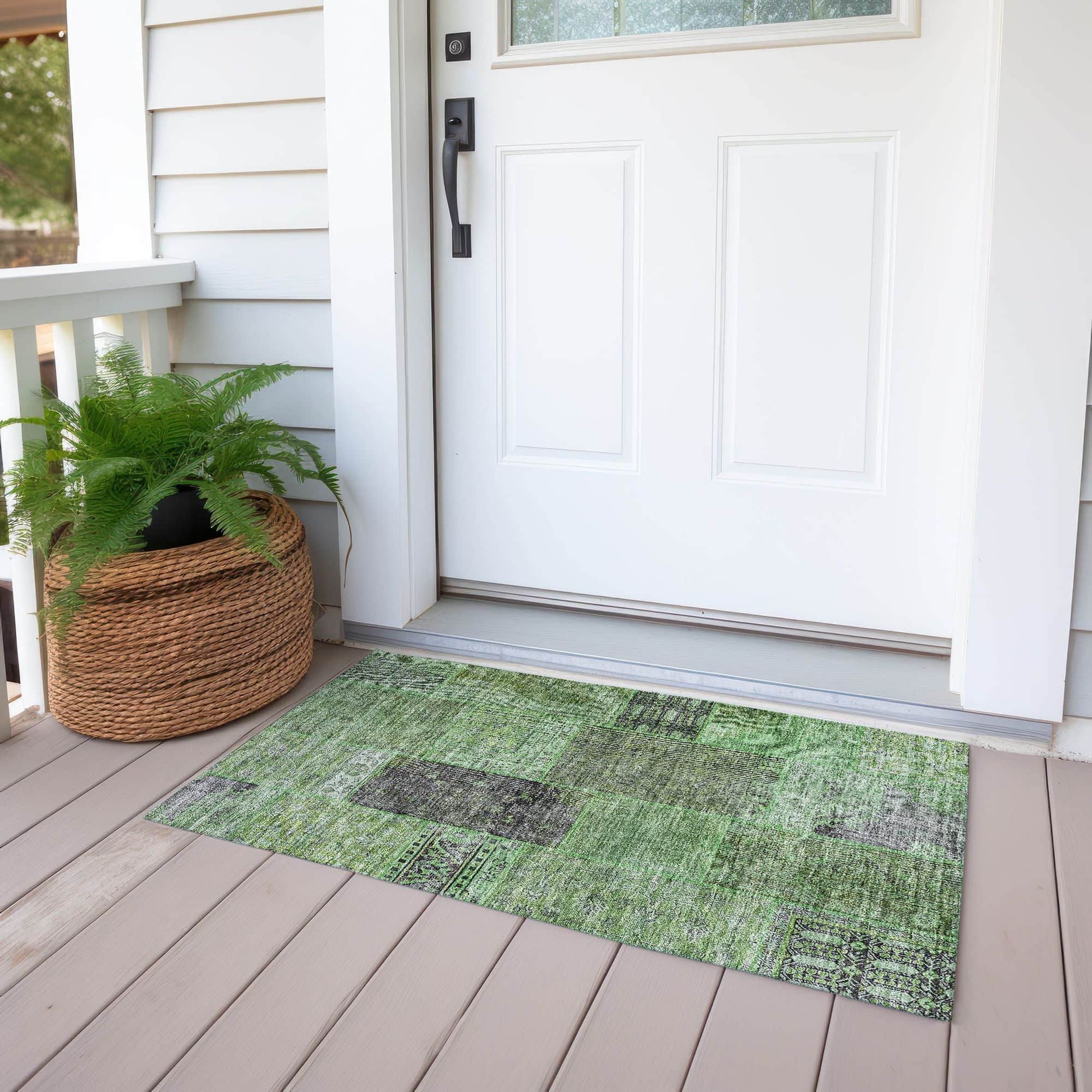 Machine Washable Green Rug - Indoor / Outdoor - Kids / Pet Friendly Patchwork Print Rug