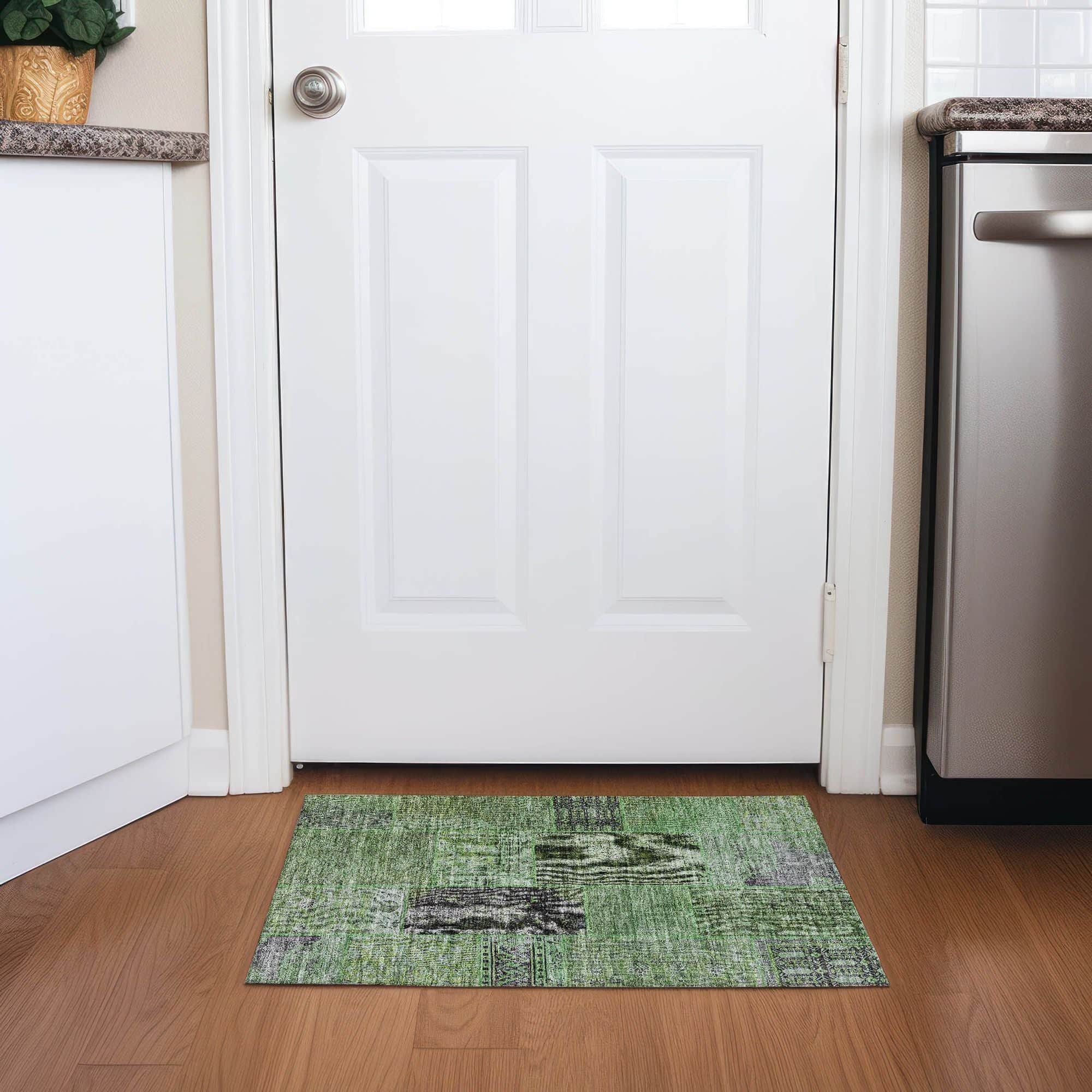 Machine Washable Green Rug - Indoor / Outdoor - Kids / Pet Friendly Patchwork Print Rug