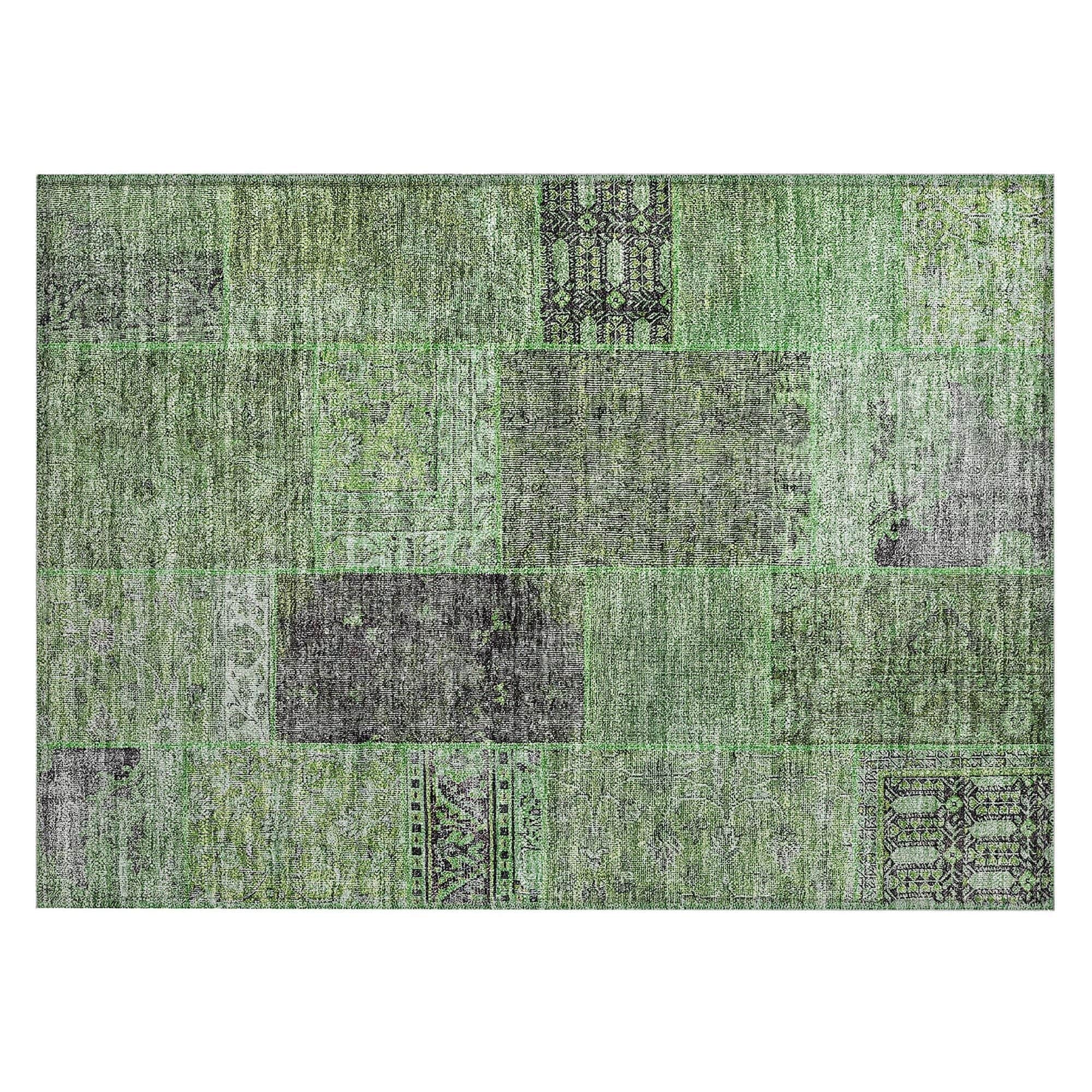 Machine Washable Green Rug - Indoor / Outdoor - Kids / Pet Friendly Patchwork Print Rug