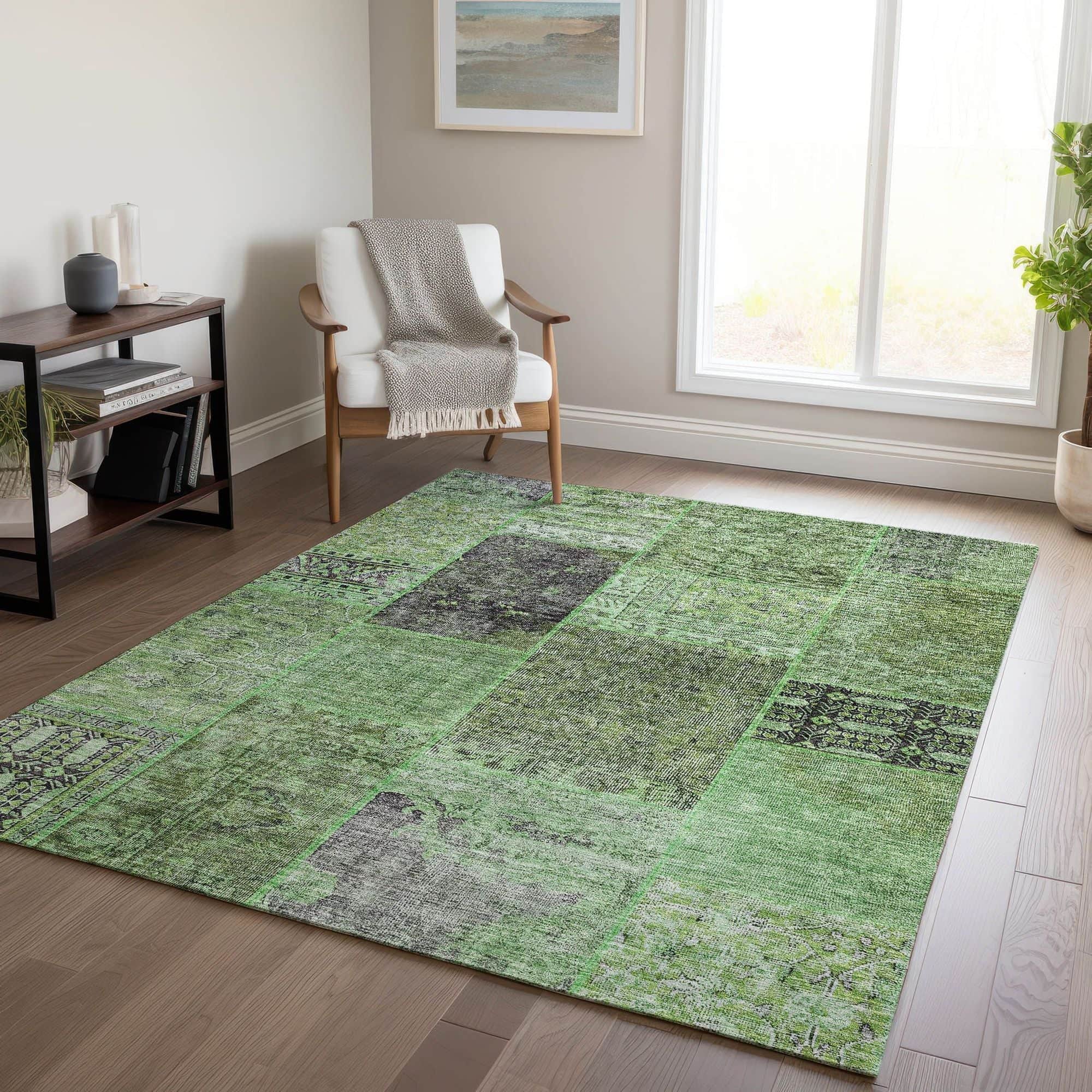 Machine Washable Green Rug - Indoor / Outdoor - Kids / Pet Friendly Patchwork Print Rug