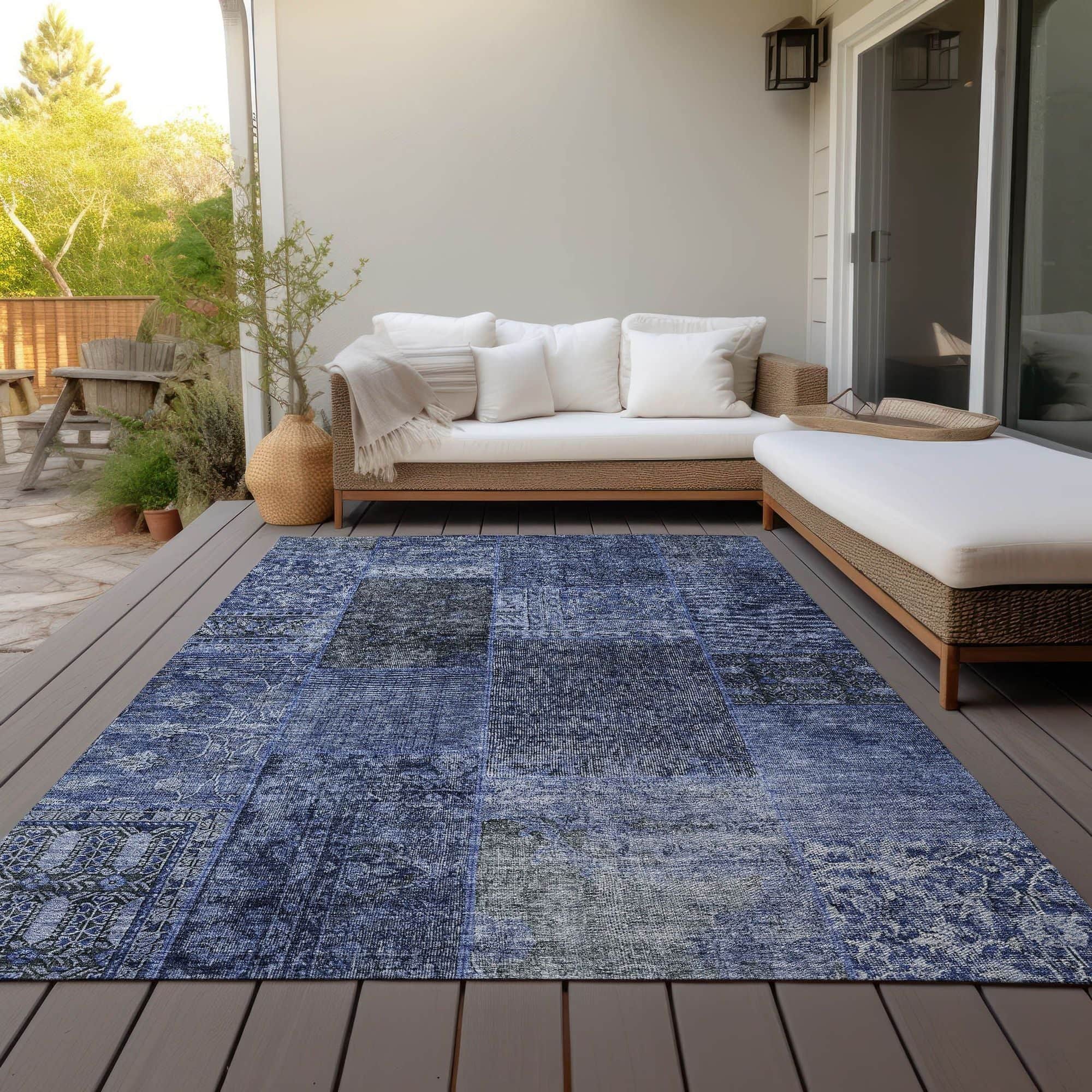Machine Washable Navy Blue Rug - Indoor / Outdoor - Kids / Pet Friendly Patchwork Print Rug