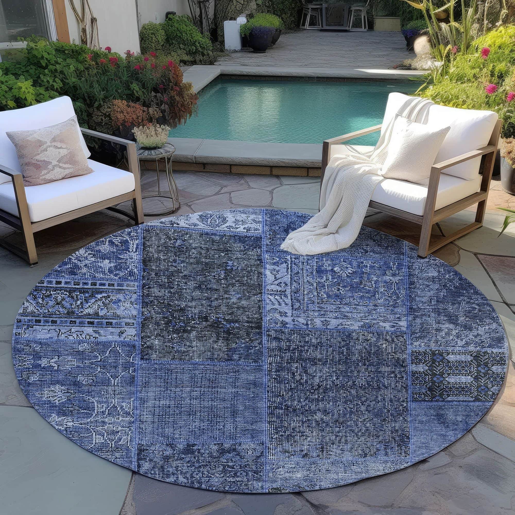 Machine Washable Navy Blue Rug - Indoor / Outdoor - Kids / Pet Friendly Patchwork Print Rug