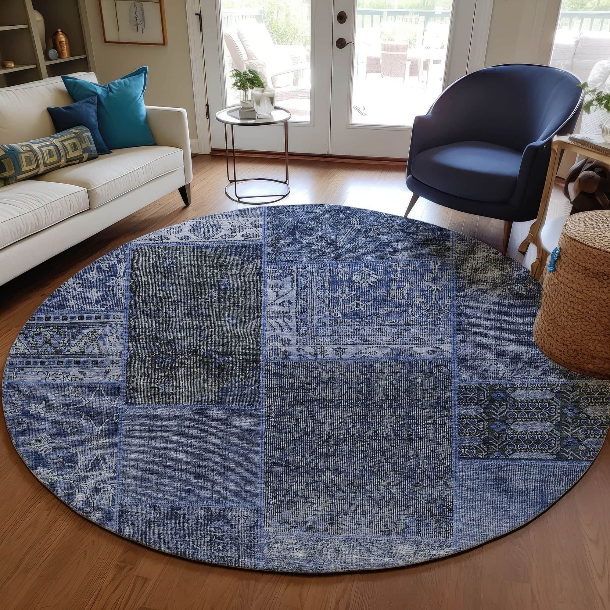 Machine Washable Navy Blue Rug - Indoor / Outdoor - Kids / Pet Friendly Patchwork Print Rug
