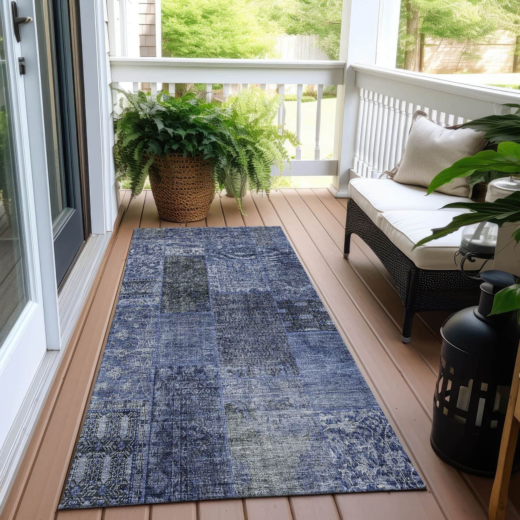 Machine Washable Navy Blue Rug - Indoor / Outdoor - Kids / Pet Friendly Patchwork Print Rug