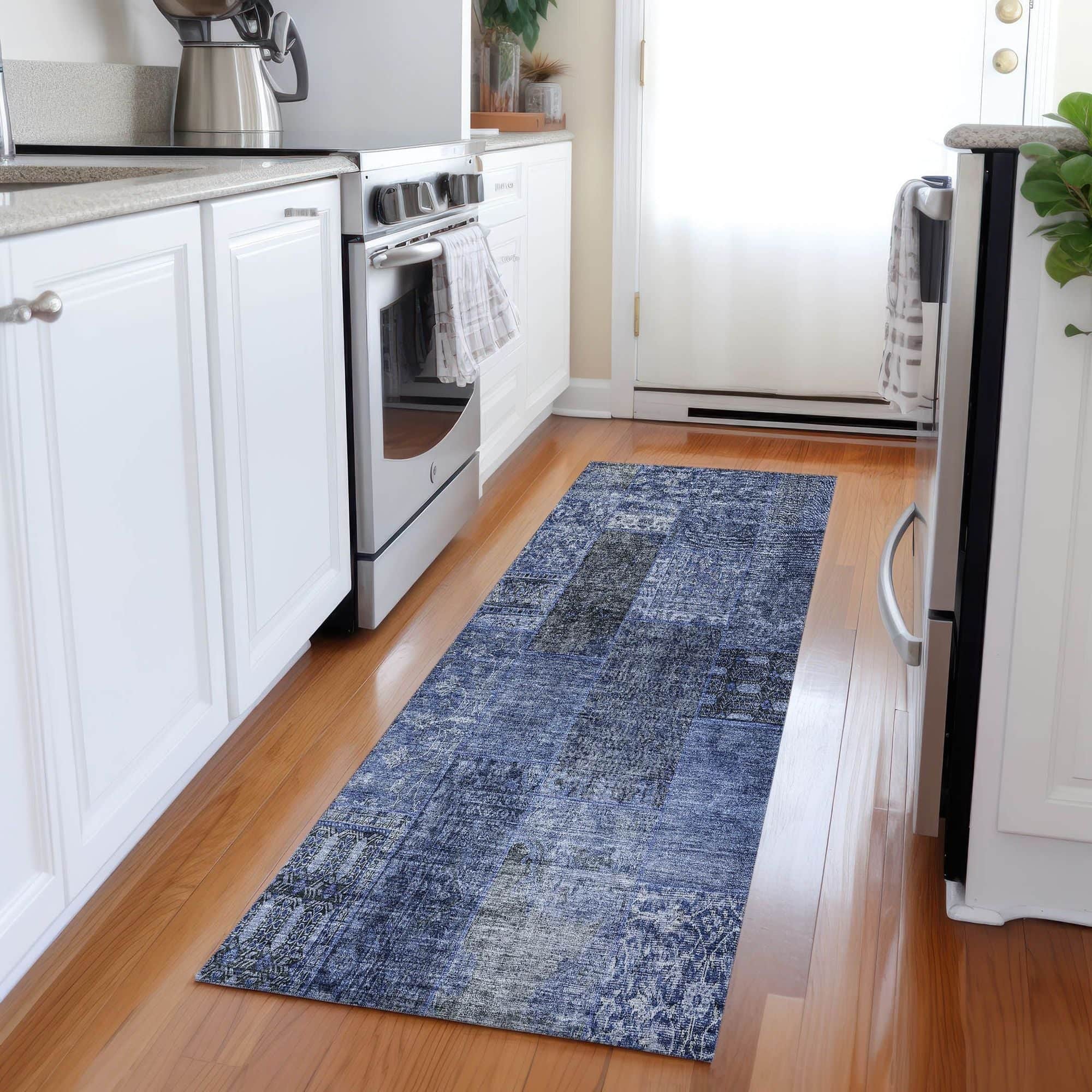 Machine Washable Navy Blue Rug - Indoor / Outdoor - Kids / Pet Friendly Patchwork Print Rug
