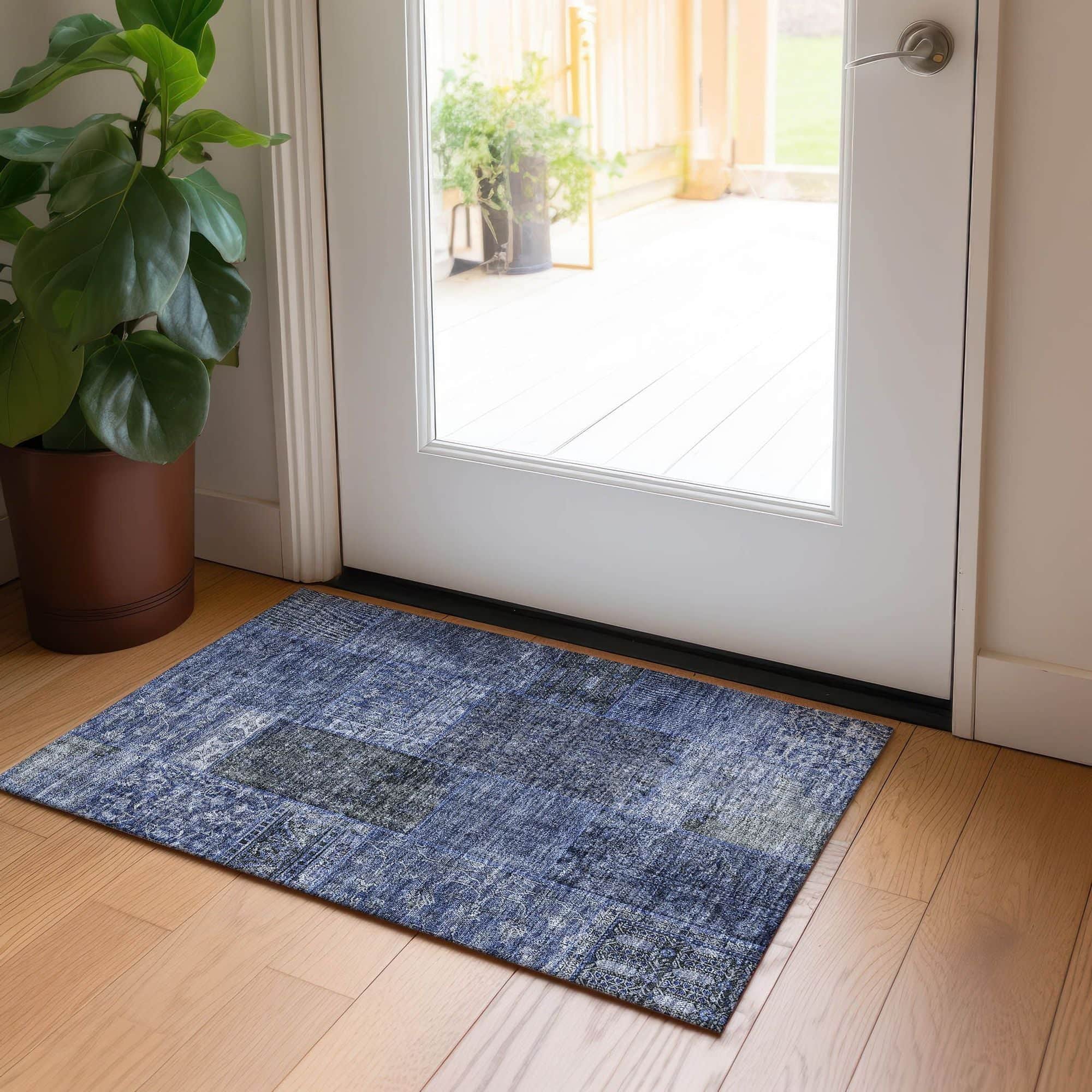 Machine Washable Navy Blue Rug - Indoor / Outdoor - Kids / Pet Friendly Patchwork Print Rug