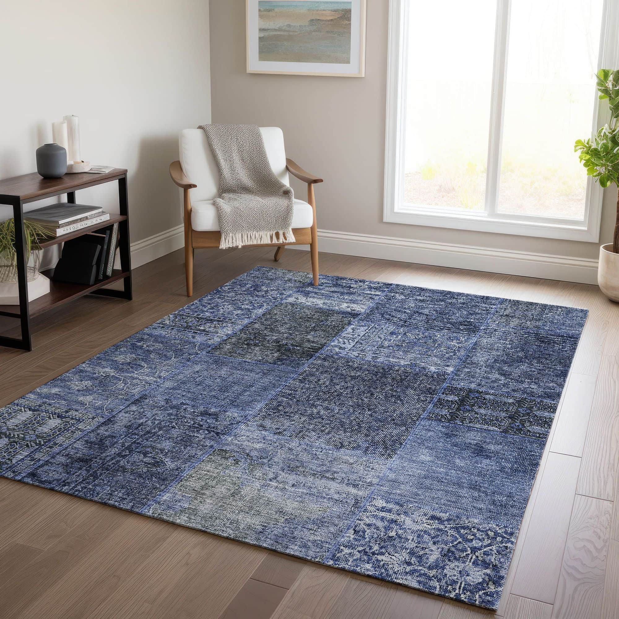 Machine Washable Navy Blue Rug - Indoor / Outdoor - Kids / Pet Friendly Patchwork Print Rug