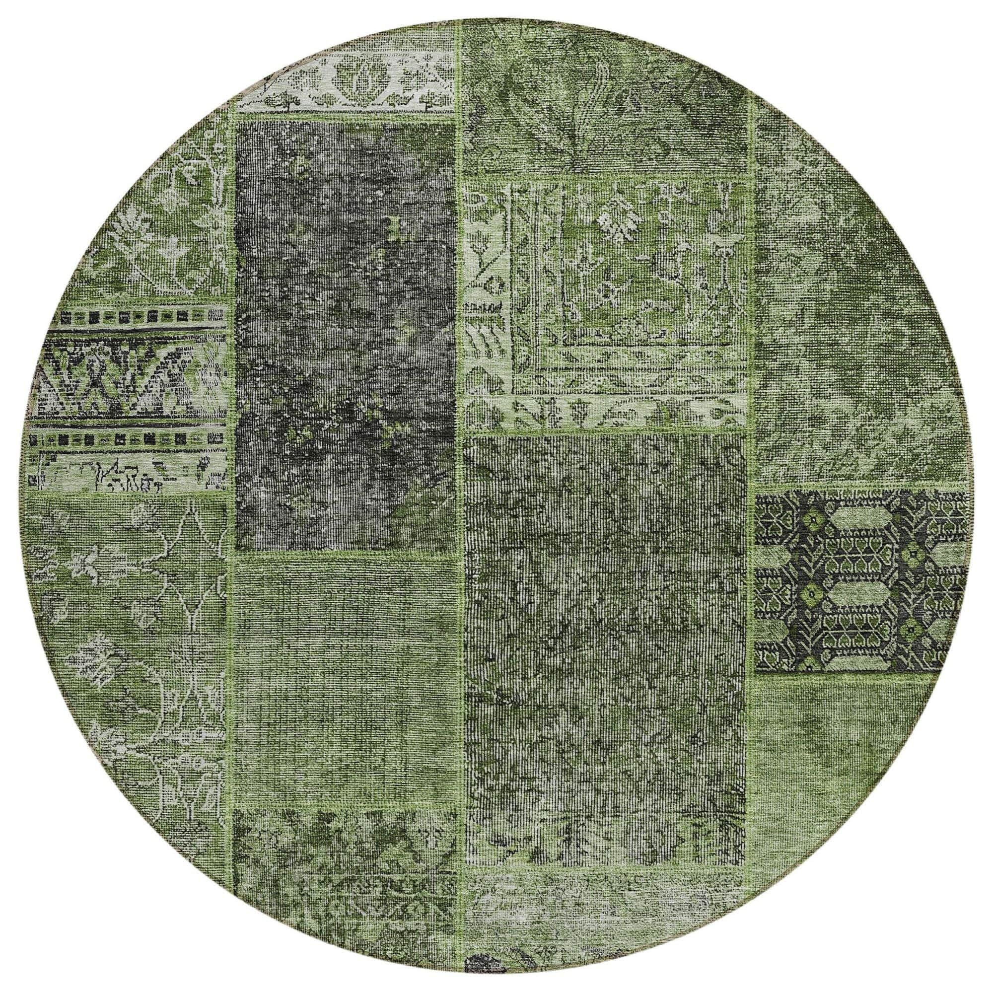 Machine Washable Olive Green Rug - Indoor / Outdoor - Kids / Pet Friendly Patchwork Print Rug
