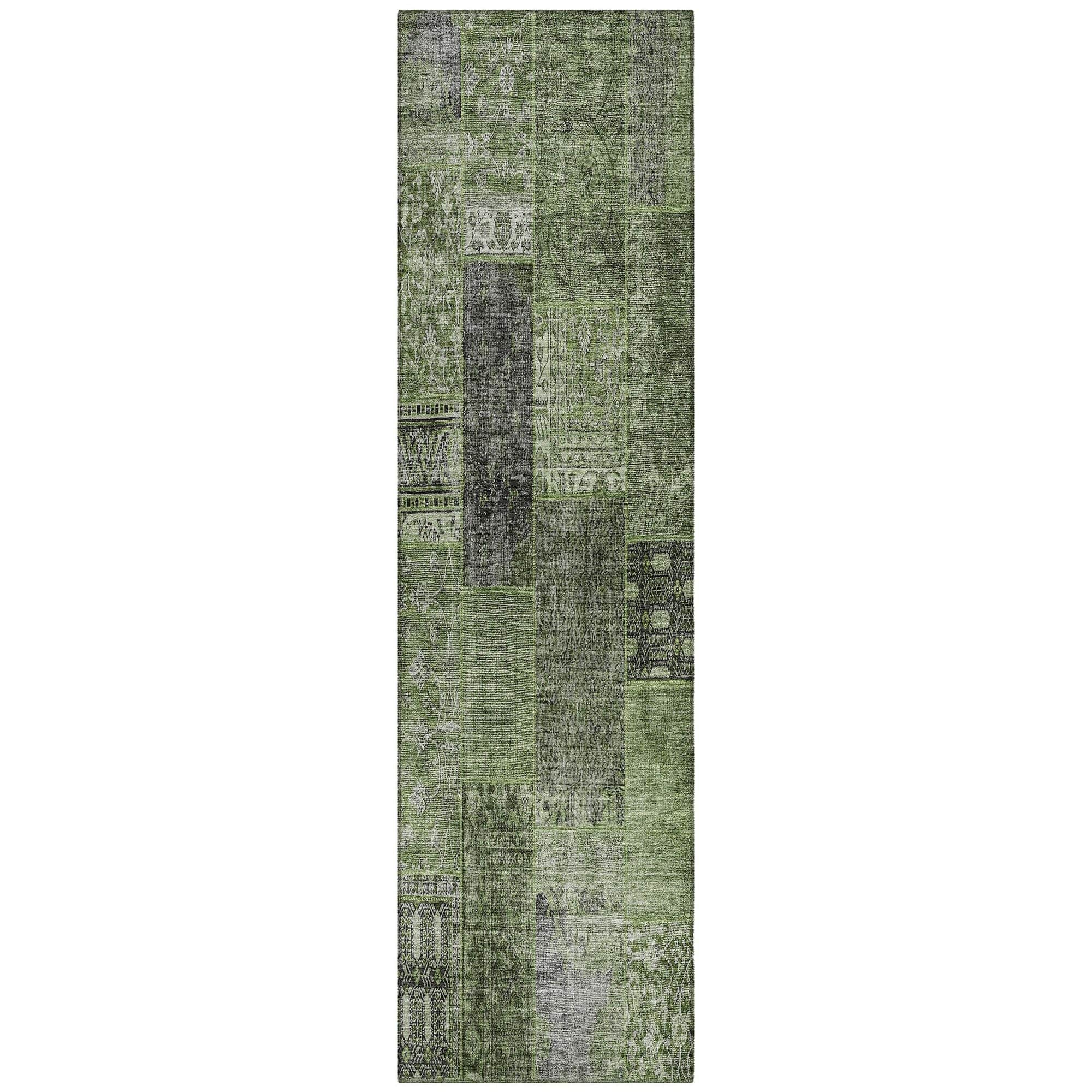 Machine Washable Olive Green Rug - Indoor / Outdoor - Kids / Pet Friendly Patchwork Print Rug