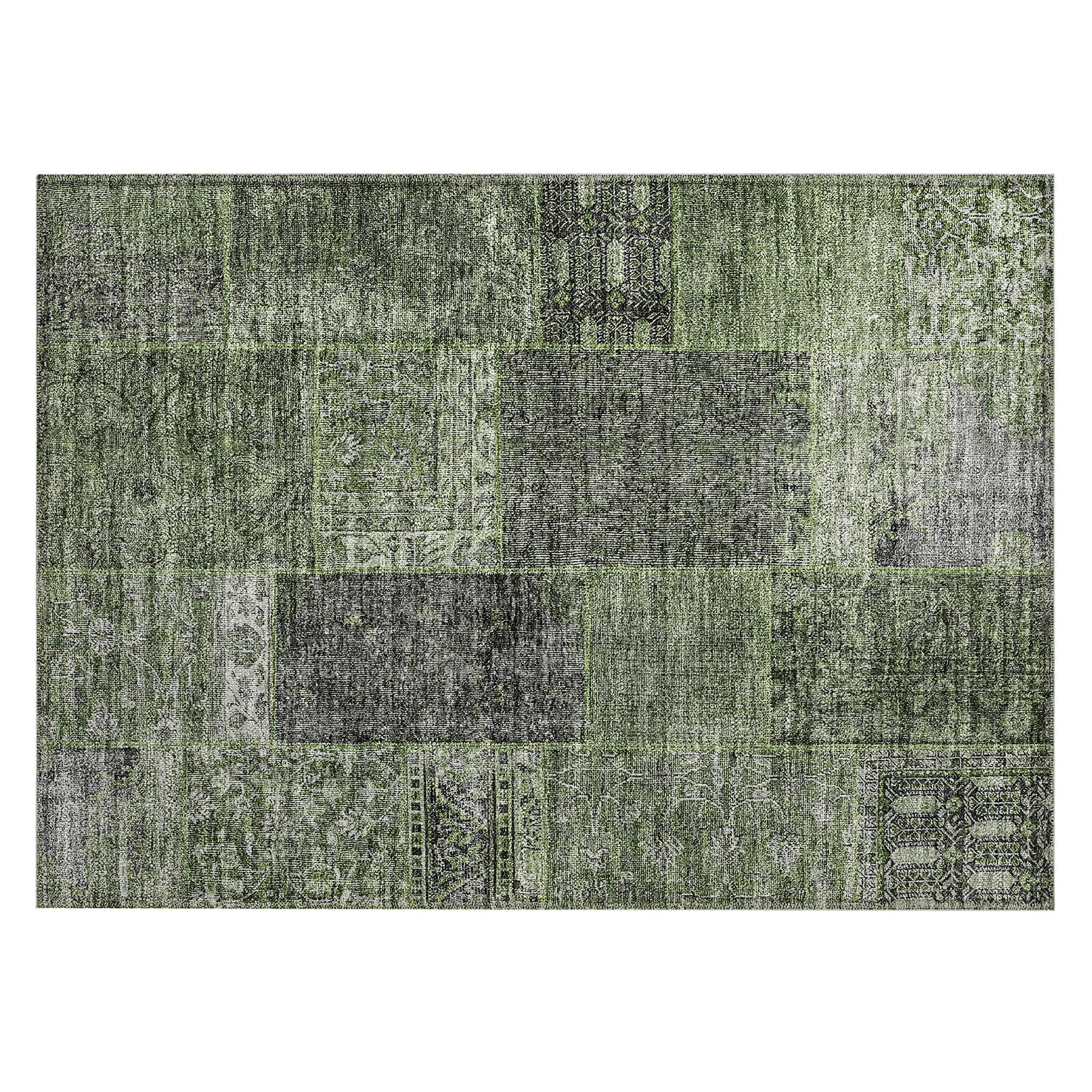 Machine Washable Olive Green Rug - Indoor / Outdoor - Kids / Pet Friendly Patchwork Print Rug