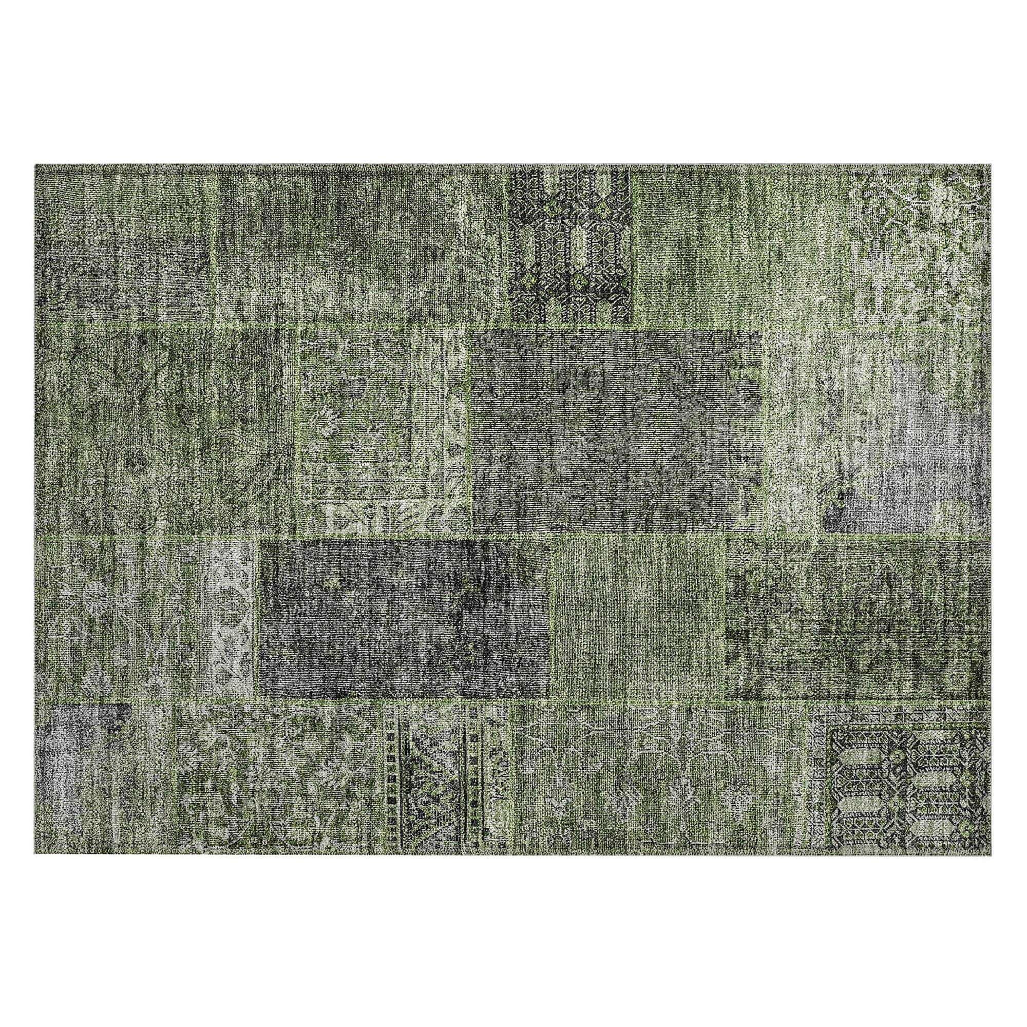 Machine Washable Olive Green Rug - Indoor / Outdoor - Kids / Pet Friendly Patchwork Print Rug