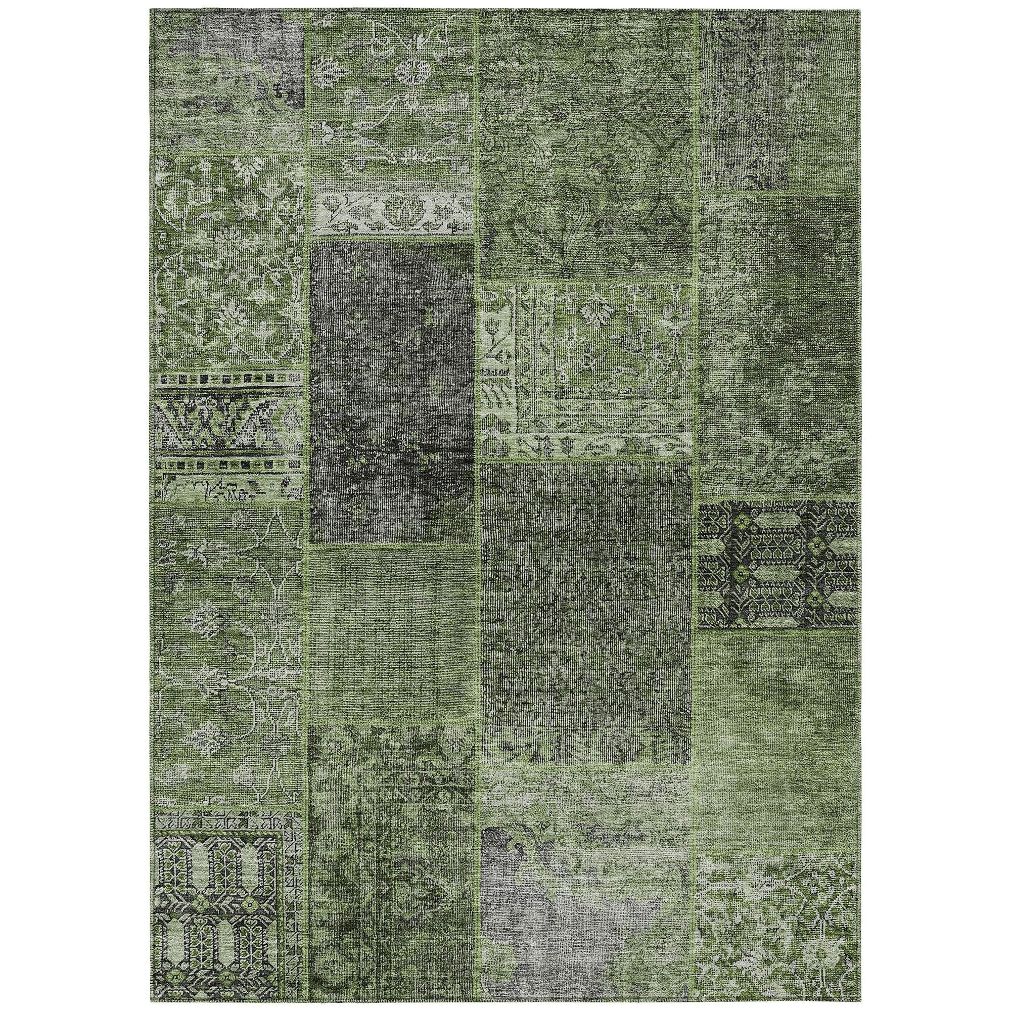 Machine Washable Olive Green Rug - Indoor / Outdoor - Kids / Pet Friendly Patchwork Print Rug