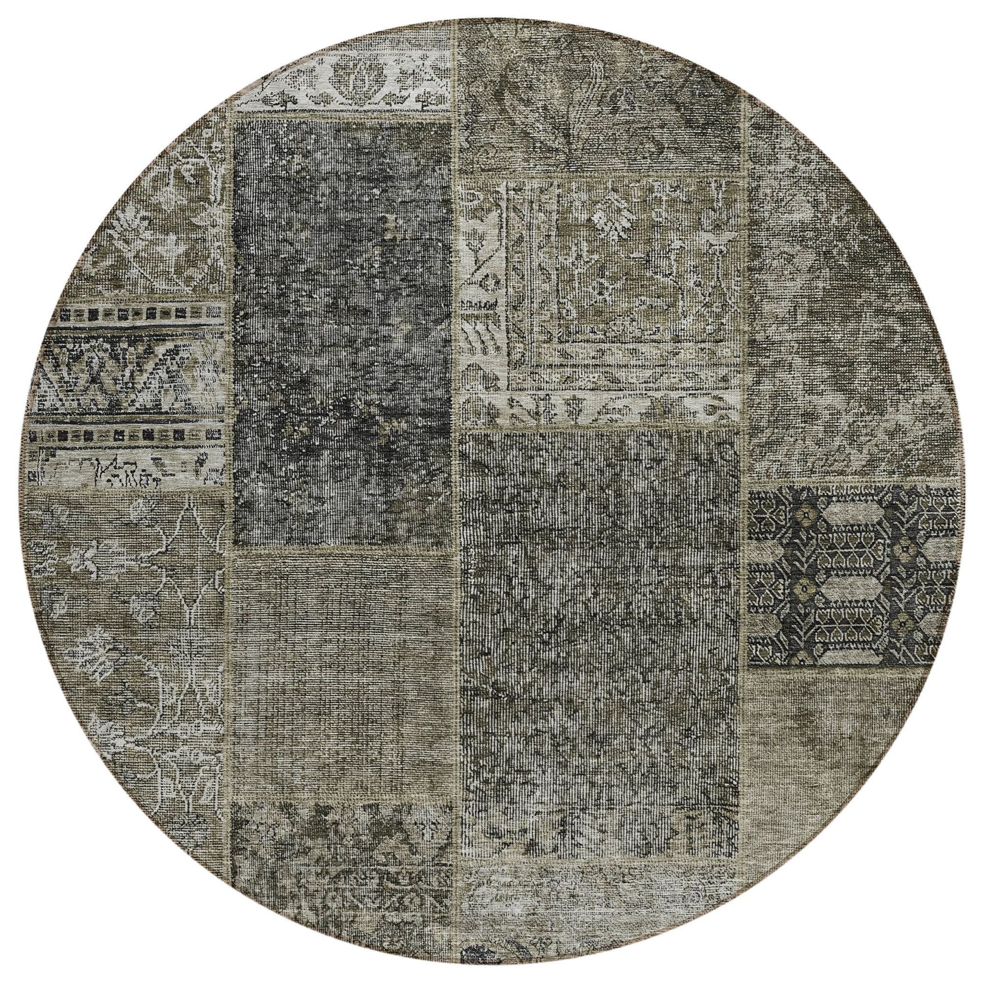 Machine Washable Taupe Brown Rug - Indoor / Outdoor - Kids / Pet Friendly Patchwork Print Rug