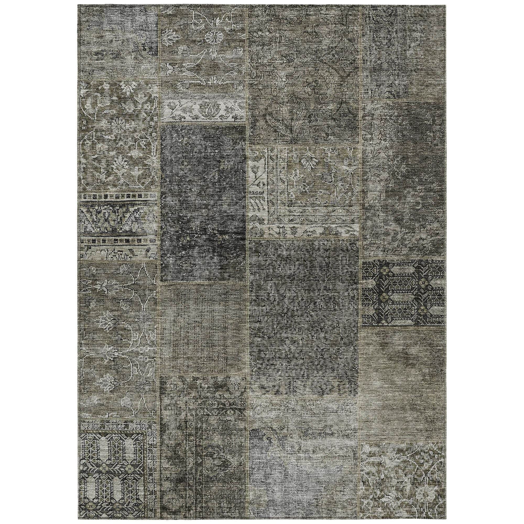 Machine Washable Taupe Brown Rug - Indoor / Outdoor - Kids / Pet Friendly Patchwork Print Rug