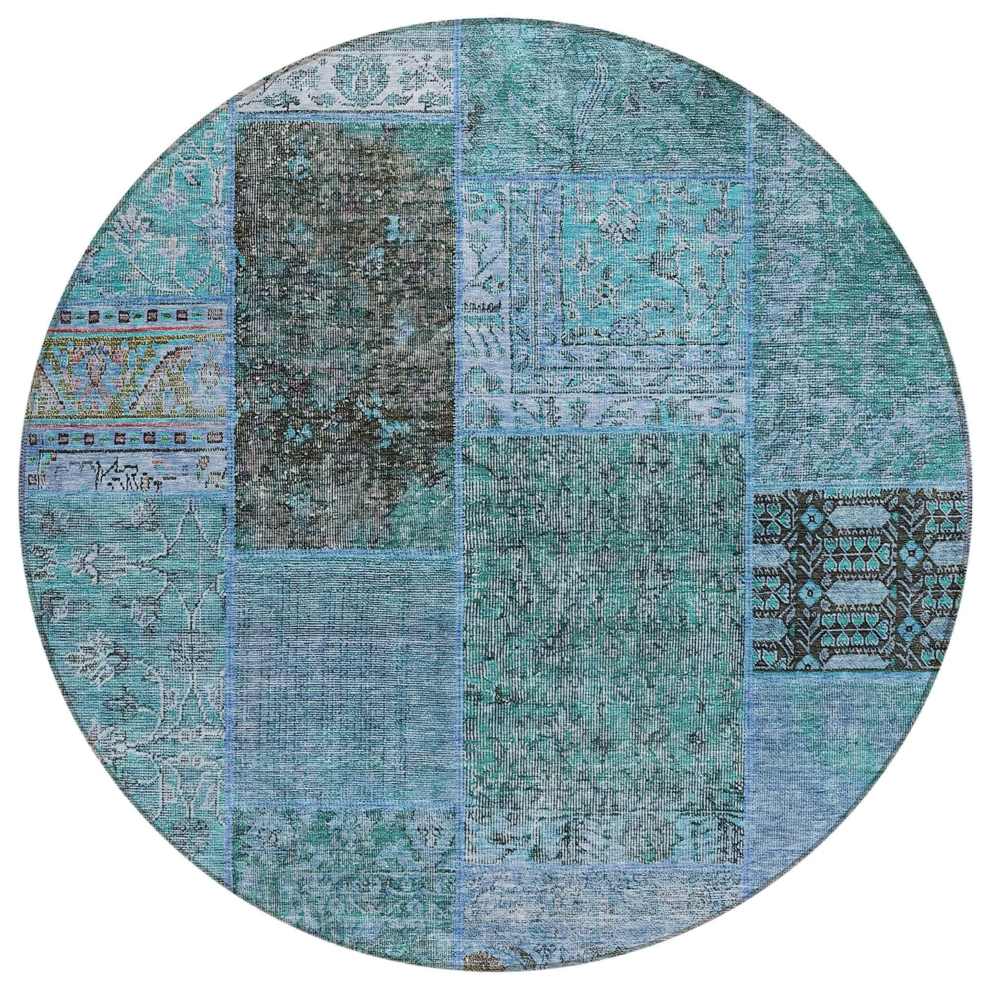 Machine Washable Teal Rug - Indoor / Outdoor - Kids / Pet Friendly Patchwork Print Rug