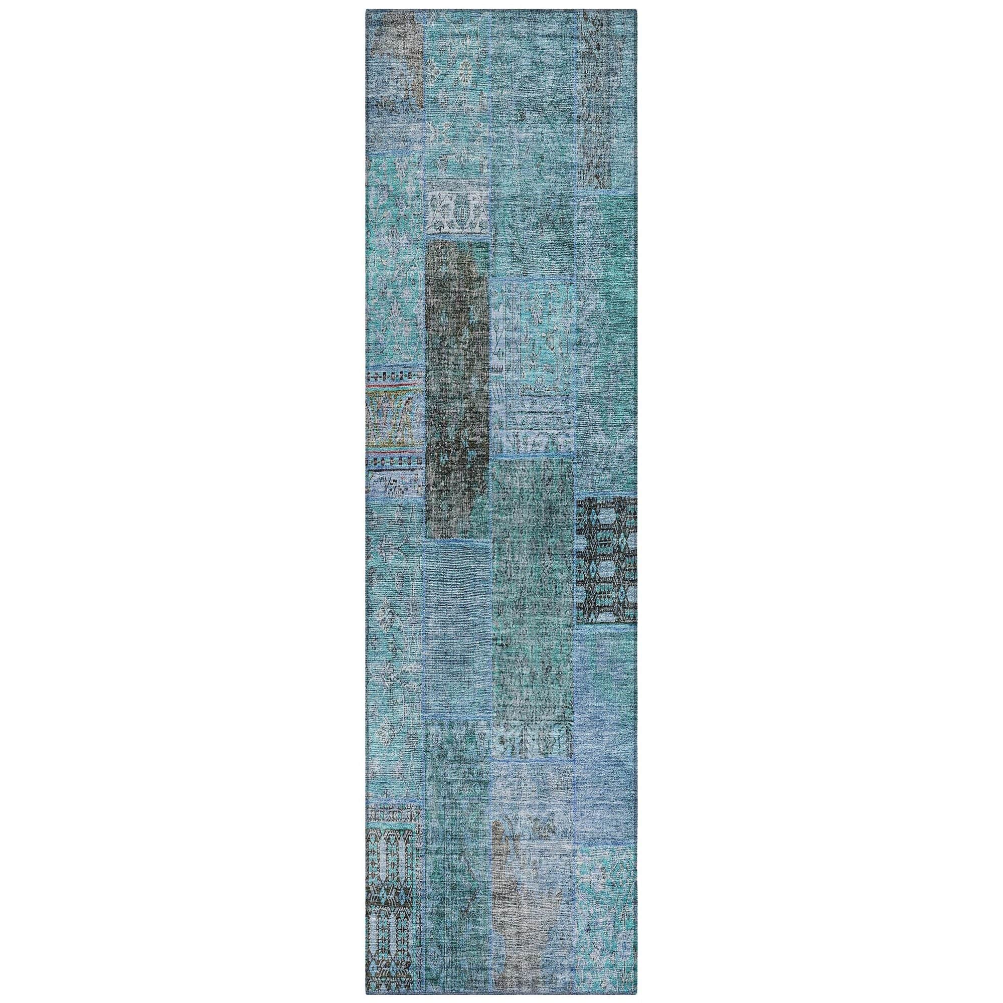 Machine Washable Teal Rug - Indoor / Outdoor - Kids / Pet Friendly Patchwork Print Rug