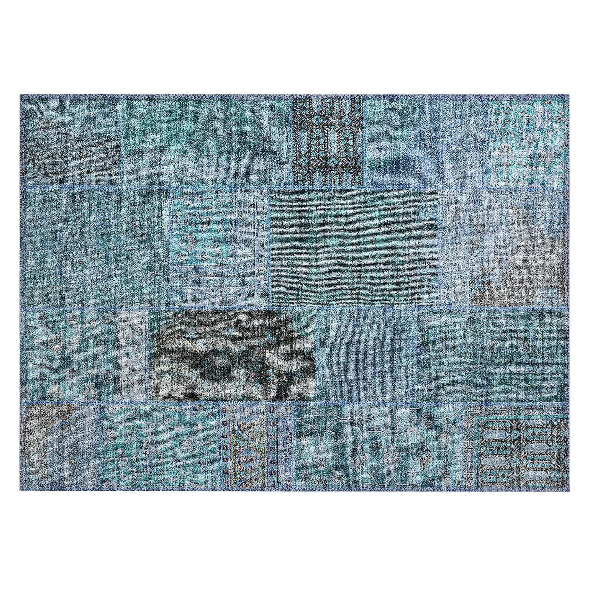 Machine Washable Teal Rug - Indoor / Outdoor - Kids / Pet Friendly Patchwork Print Rug