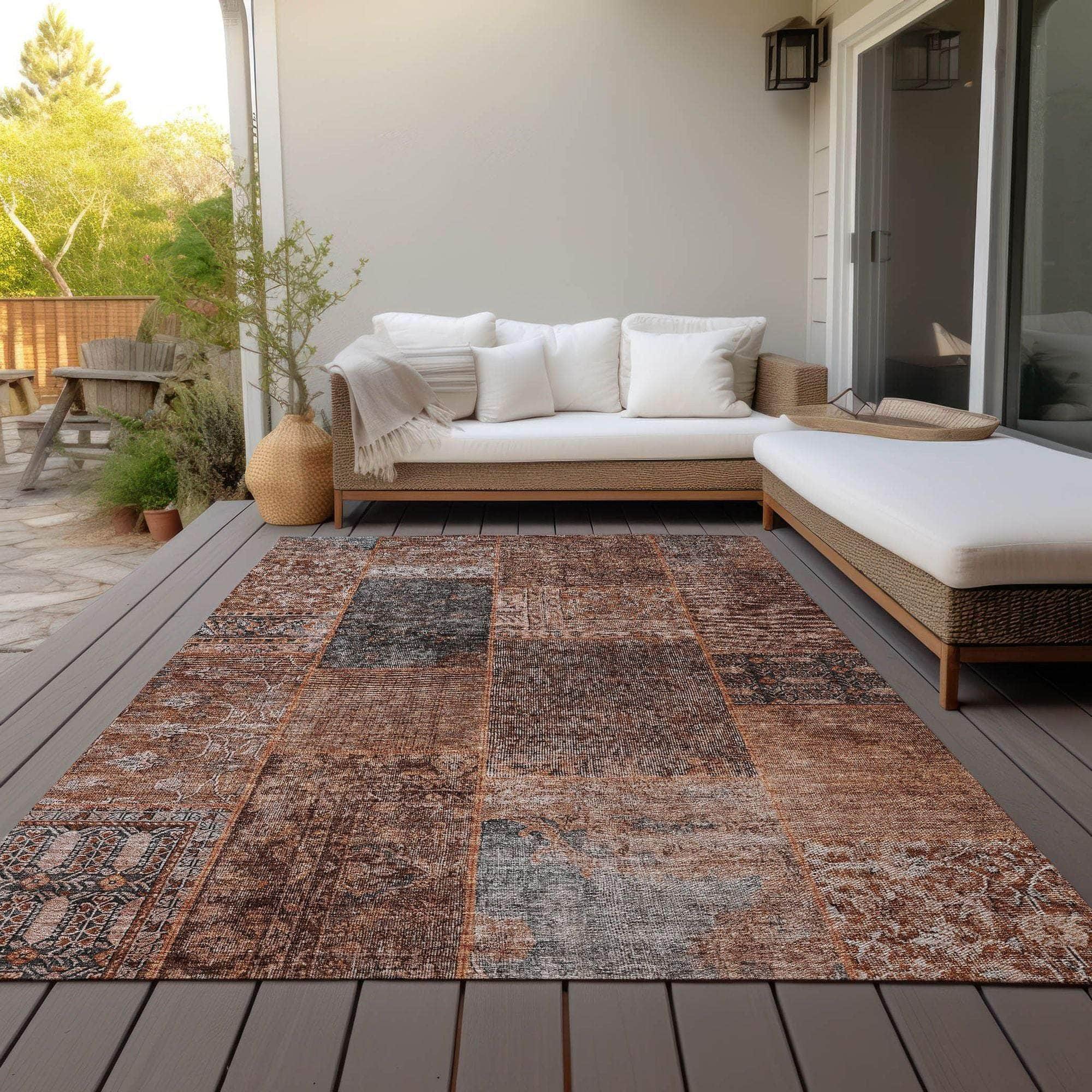Machine Washable Terracotta Orange Rug - Indoor / Outdoor - Kids / Pet Friendly Patchwork Print Rug