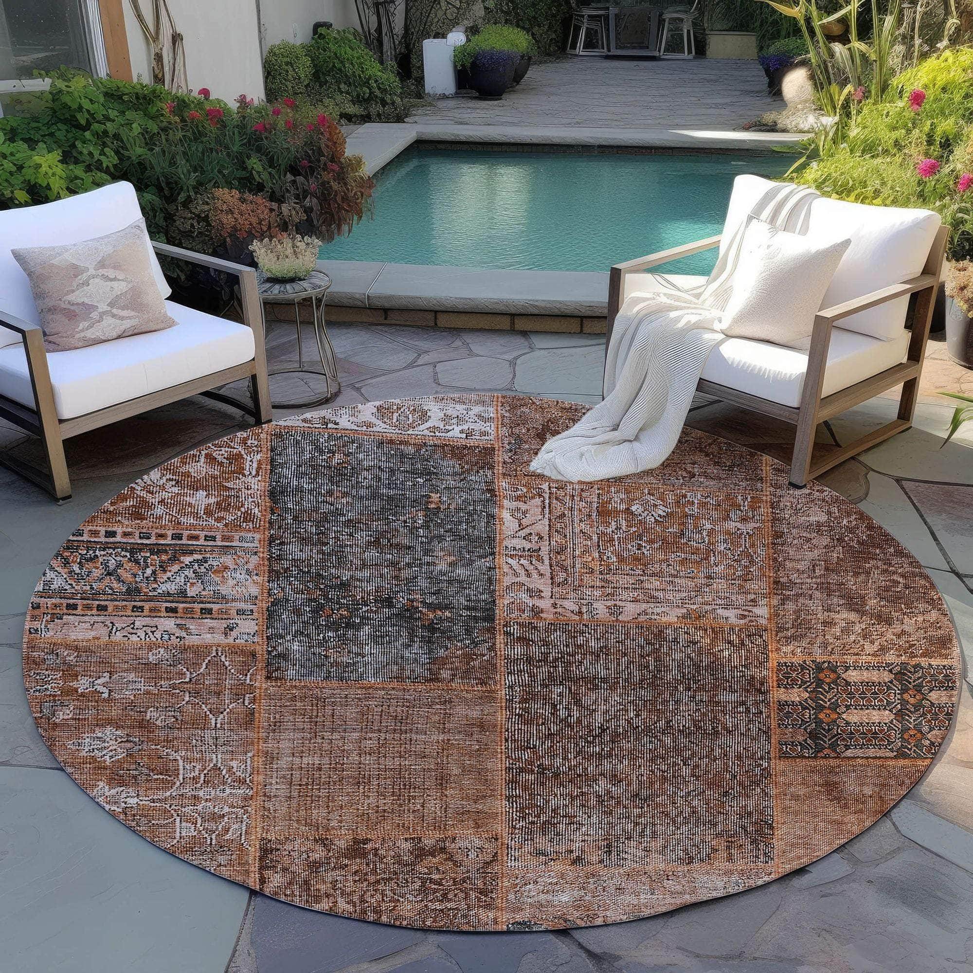 Machine Washable Terracotta Orange Rug - Indoor / Outdoor - Kids / Pet Friendly Patchwork Print Rug