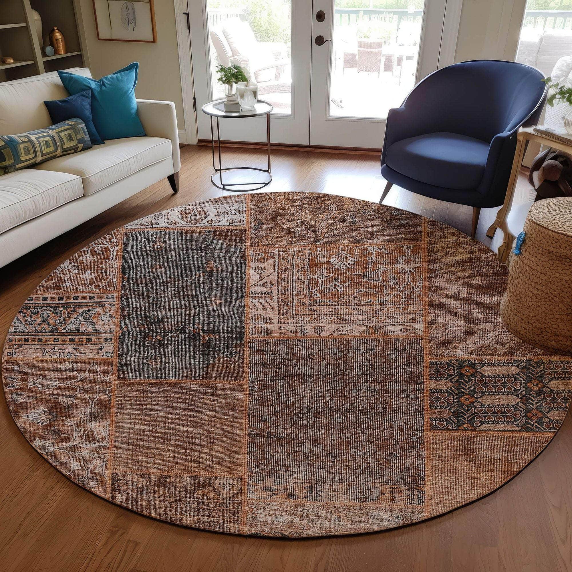 Machine Washable Terracotta Orange Rug - Indoor / Outdoor - Kids / Pet Friendly Patchwork Print Rug