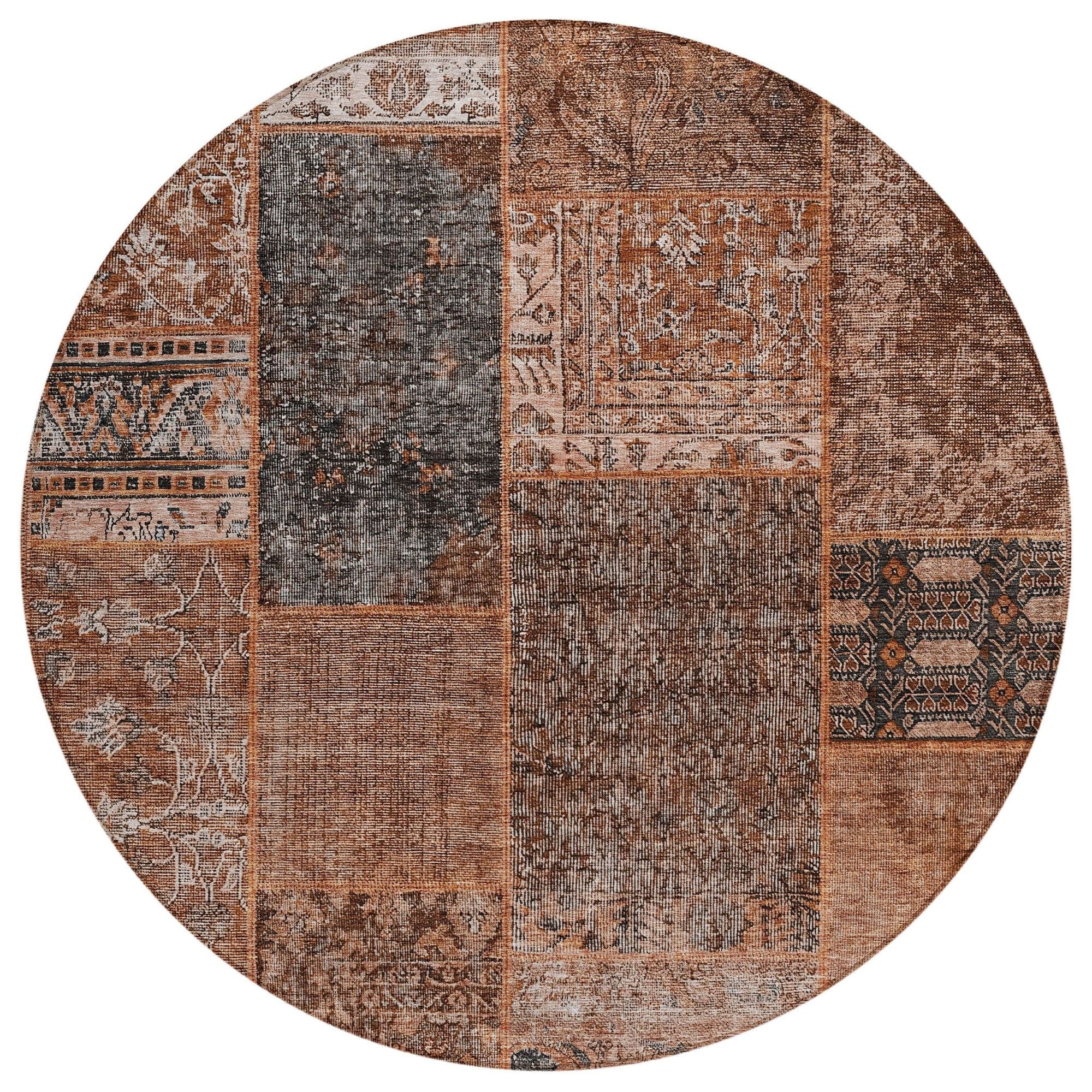 Machine Washable Terracotta Orange Rug - Indoor / Outdoor - Kids / Pet Friendly Patchwork Print Rug
