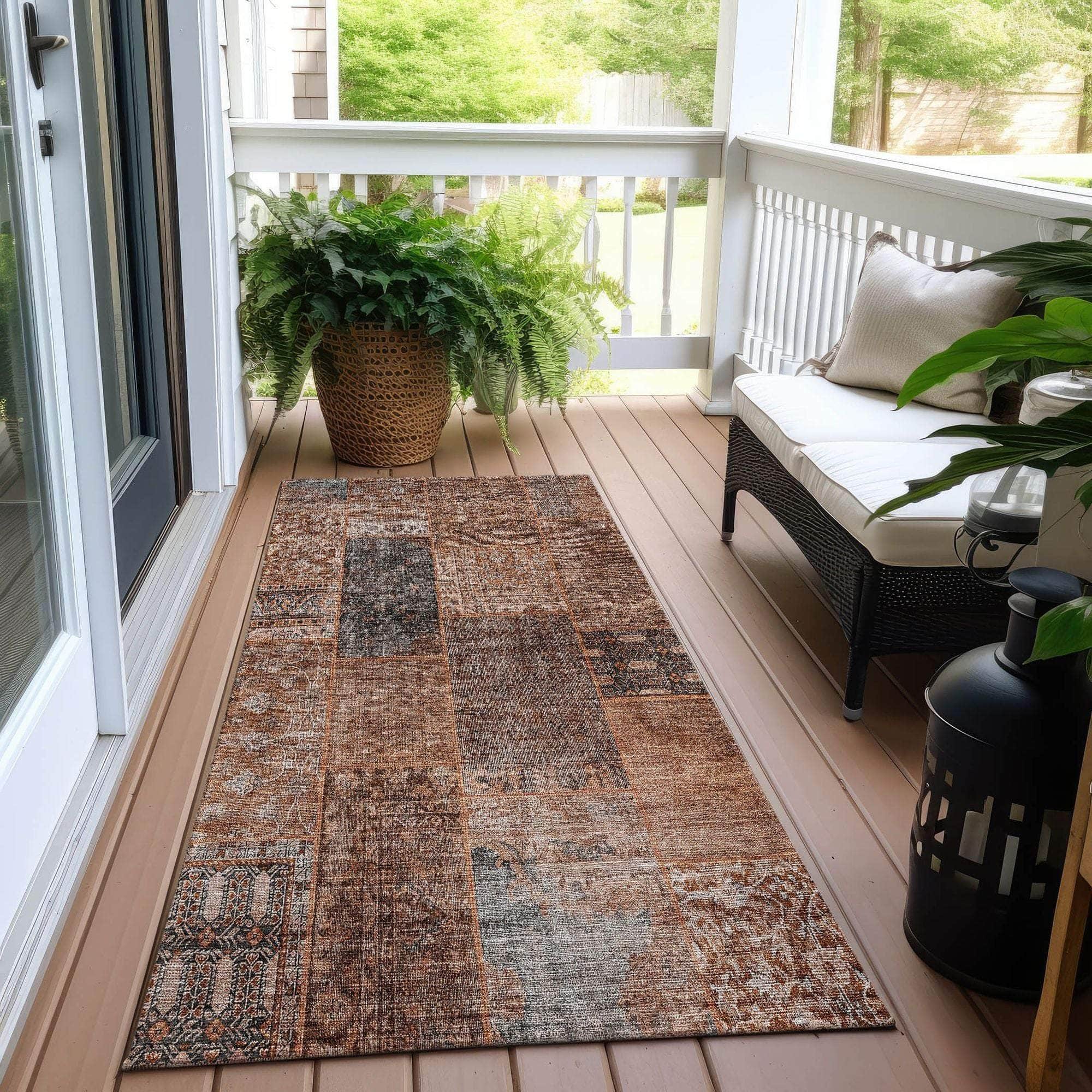 Machine Washable Terracotta Orange Rug - Indoor / Outdoor - Kids / Pet Friendly Patchwork Print Rug