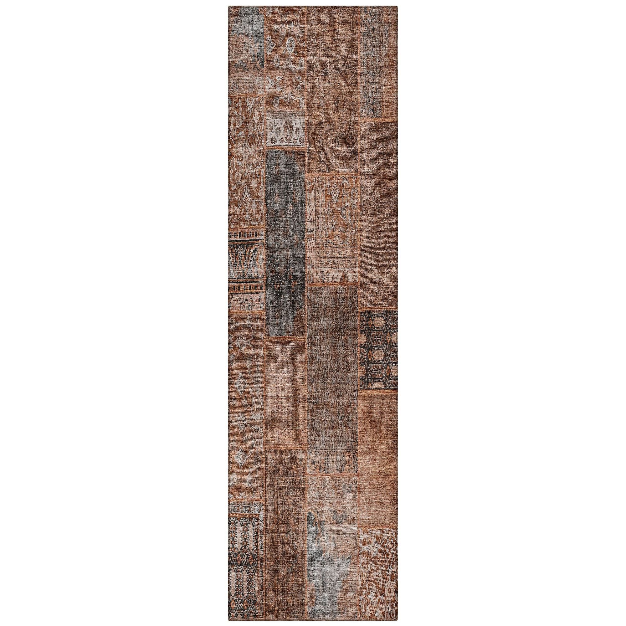 Machine Washable Terracotta Orange Rug - Indoor / Outdoor - Kids / Pet Friendly Patchwork Print Rug