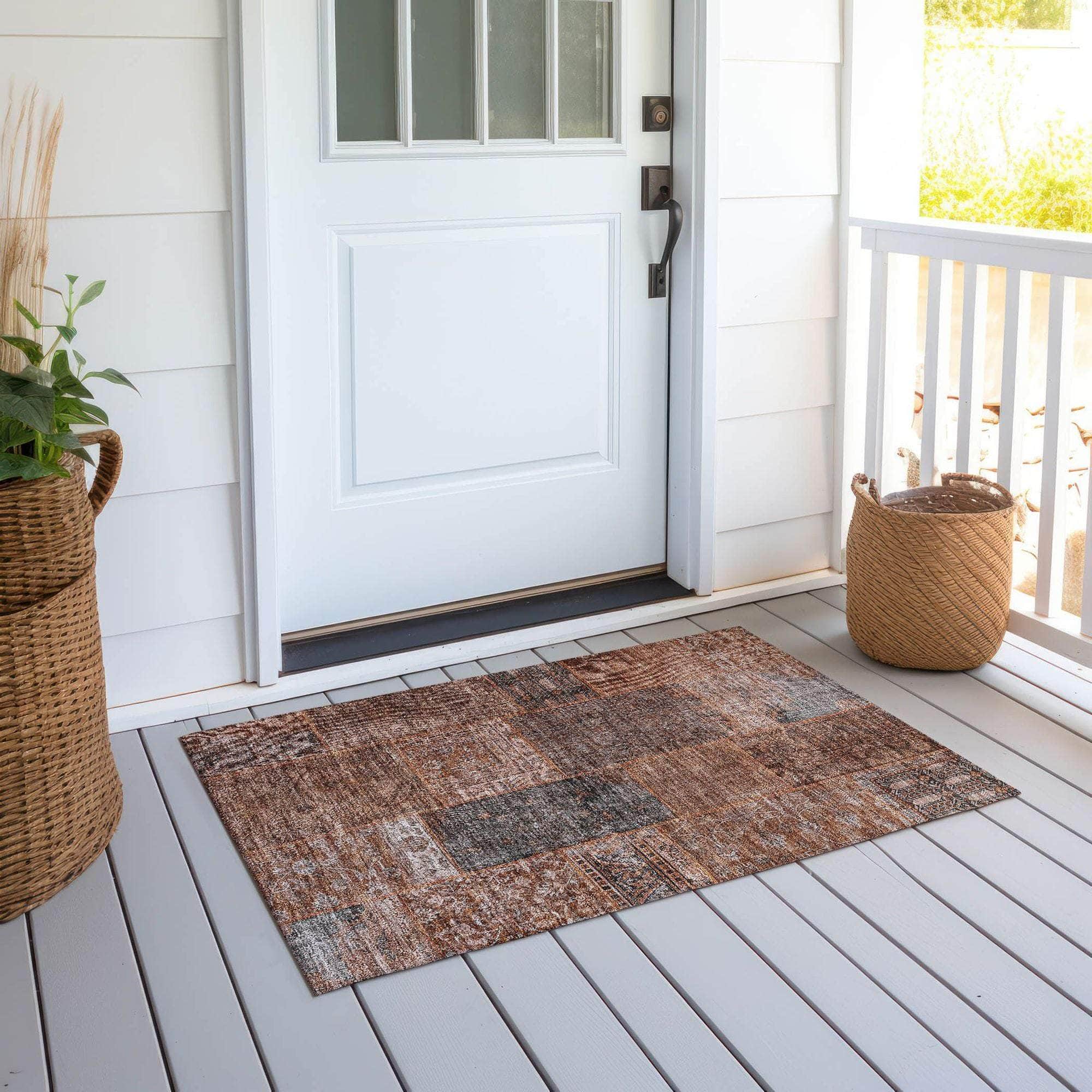 Machine Washable Terracotta Orange Rug - Indoor / Outdoor - Kids / Pet Friendly Patchwork Print Rug