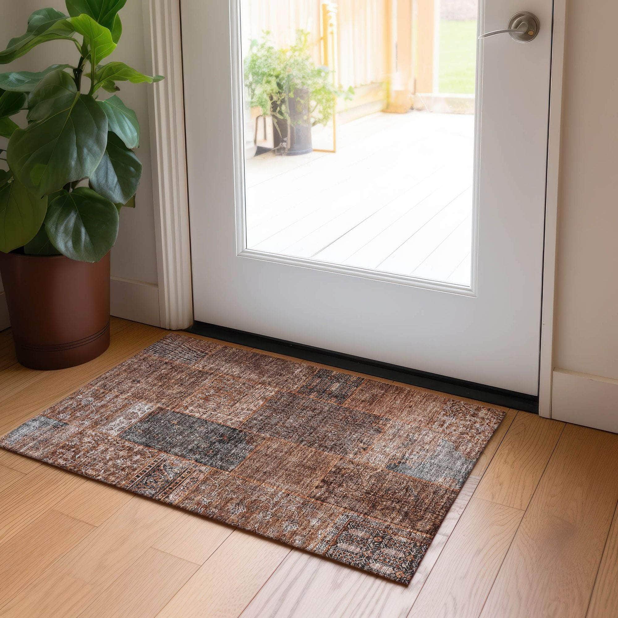 Machine Washable Terracotta Orange Rug - Indoor / Outdoor - Kids / Pet Friendly Patchwork Print Rug
