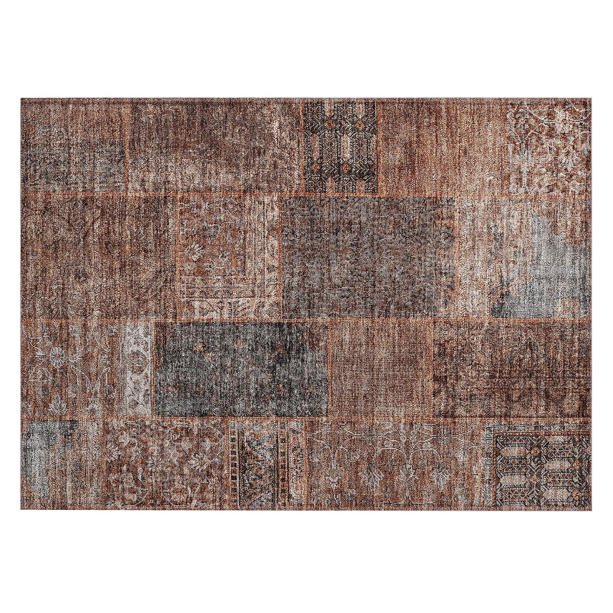 Machine Washable Terracotta Orange Rug - Indoor / Outdoor - Kids / Pet Friendly Patchwork Print Rug