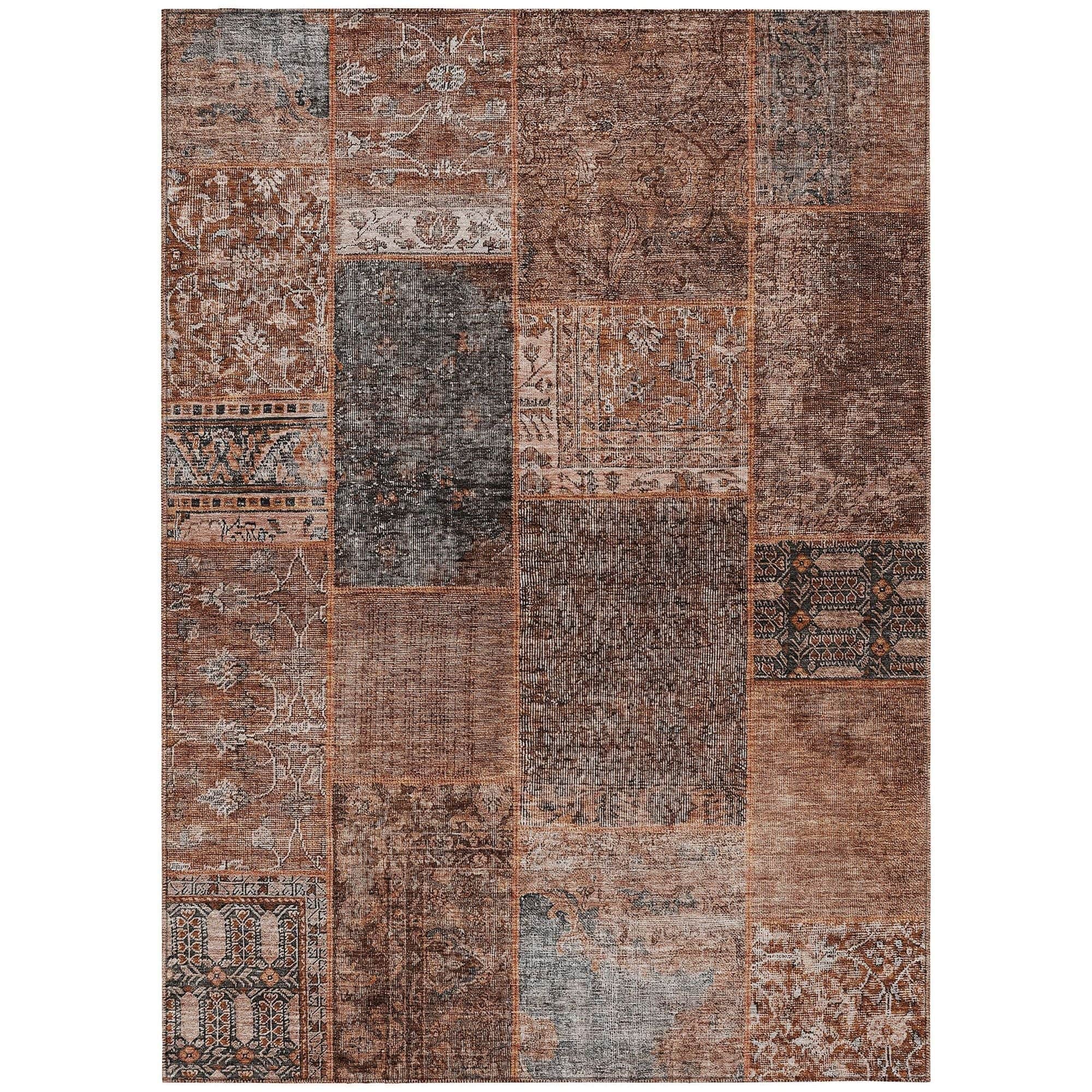 Machine Washable Terracotta Orange Rug - Indoor / Outdoor - Kids / Pet Friendly Patchwork Print Rug
