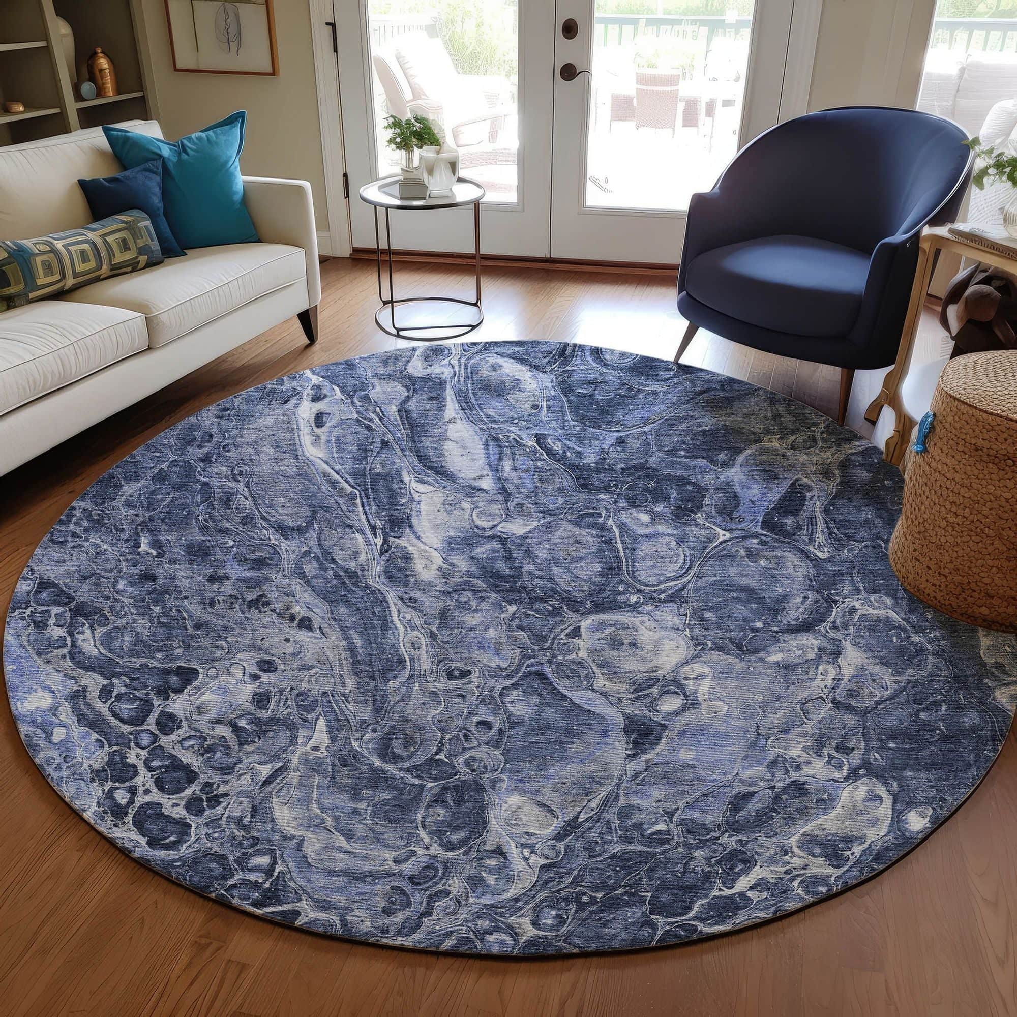 Machine Washable Navy Blue Rug - Indoor / Outdoor - Kids / Pet Friendly Abstract Print Rug
