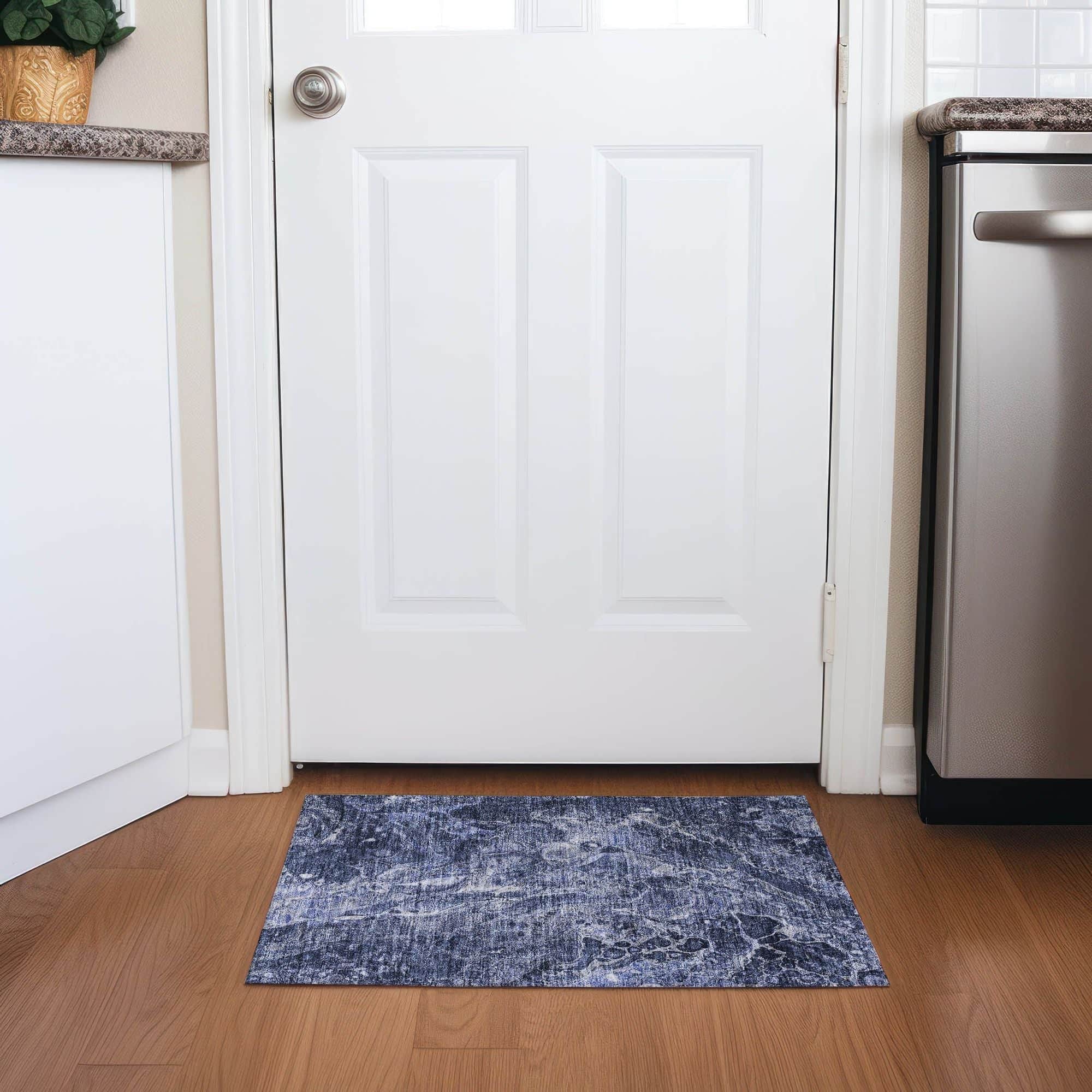 Machine Washable Navy Blue Rug - Indoor / Outdoor - Kids / Pet Friendly Abstract Print Rug