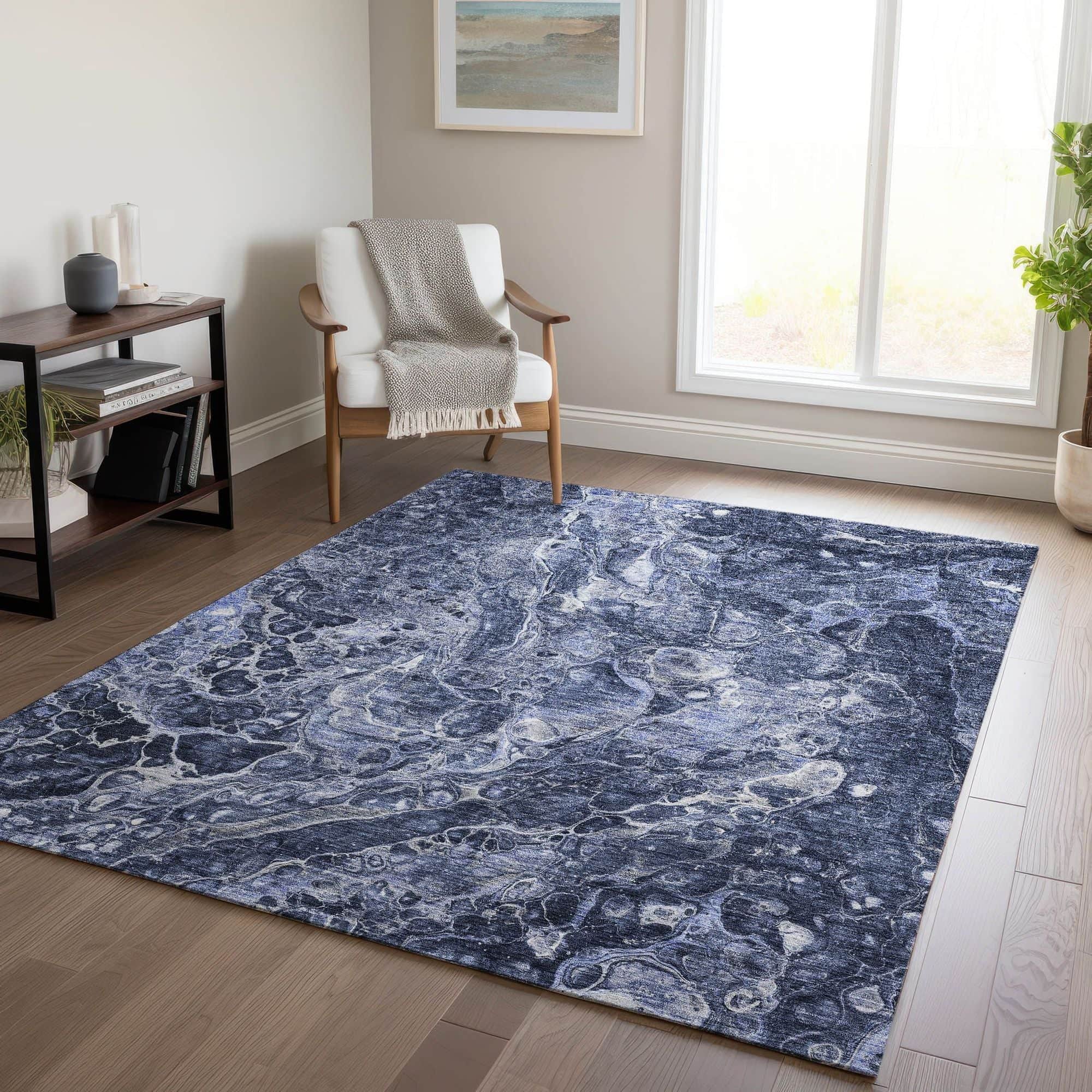 Machine Washable Navy Blue Rug - Indoor / Outdoor - Kids / Pet Friendly Abstract Print Rug