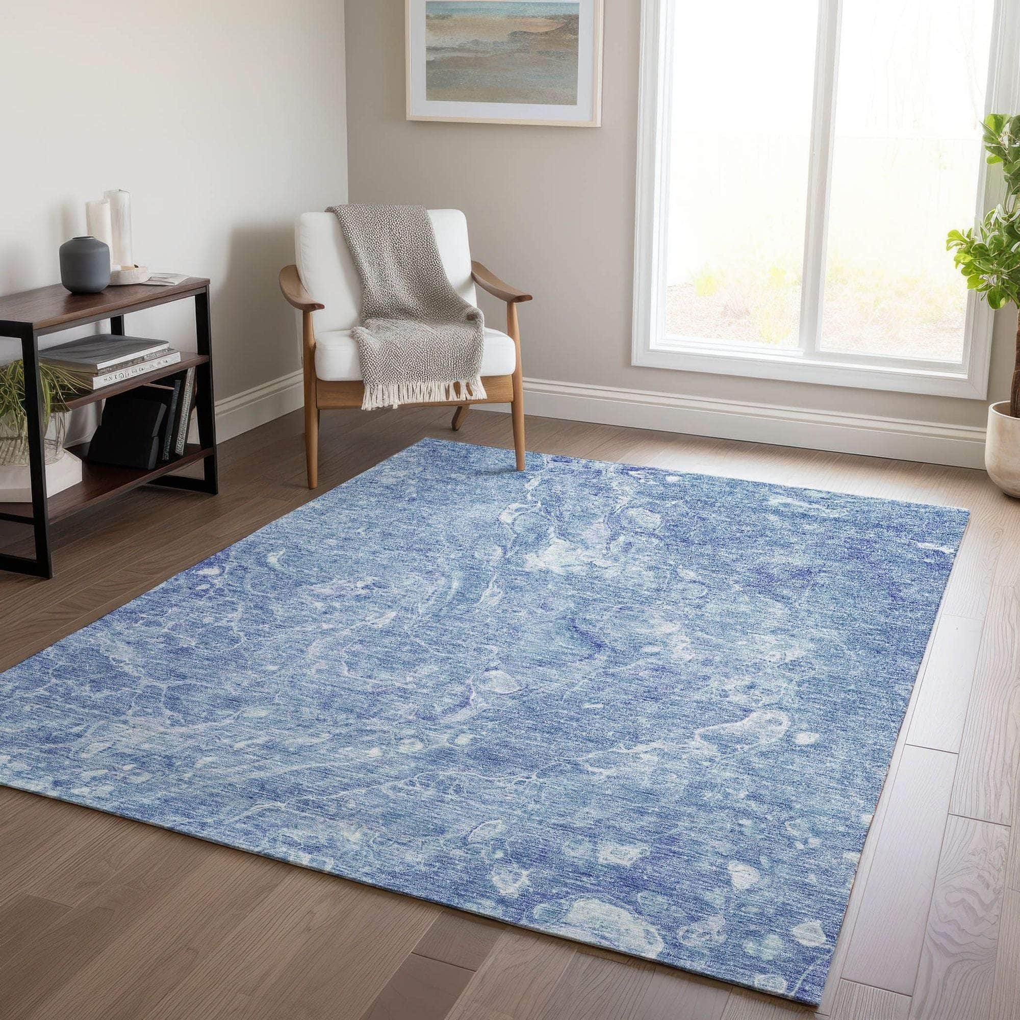 Machine Washable Sky Blue Rug - Indoor / Outdoor - Kids / Pet Friendly Abstract Print Rug