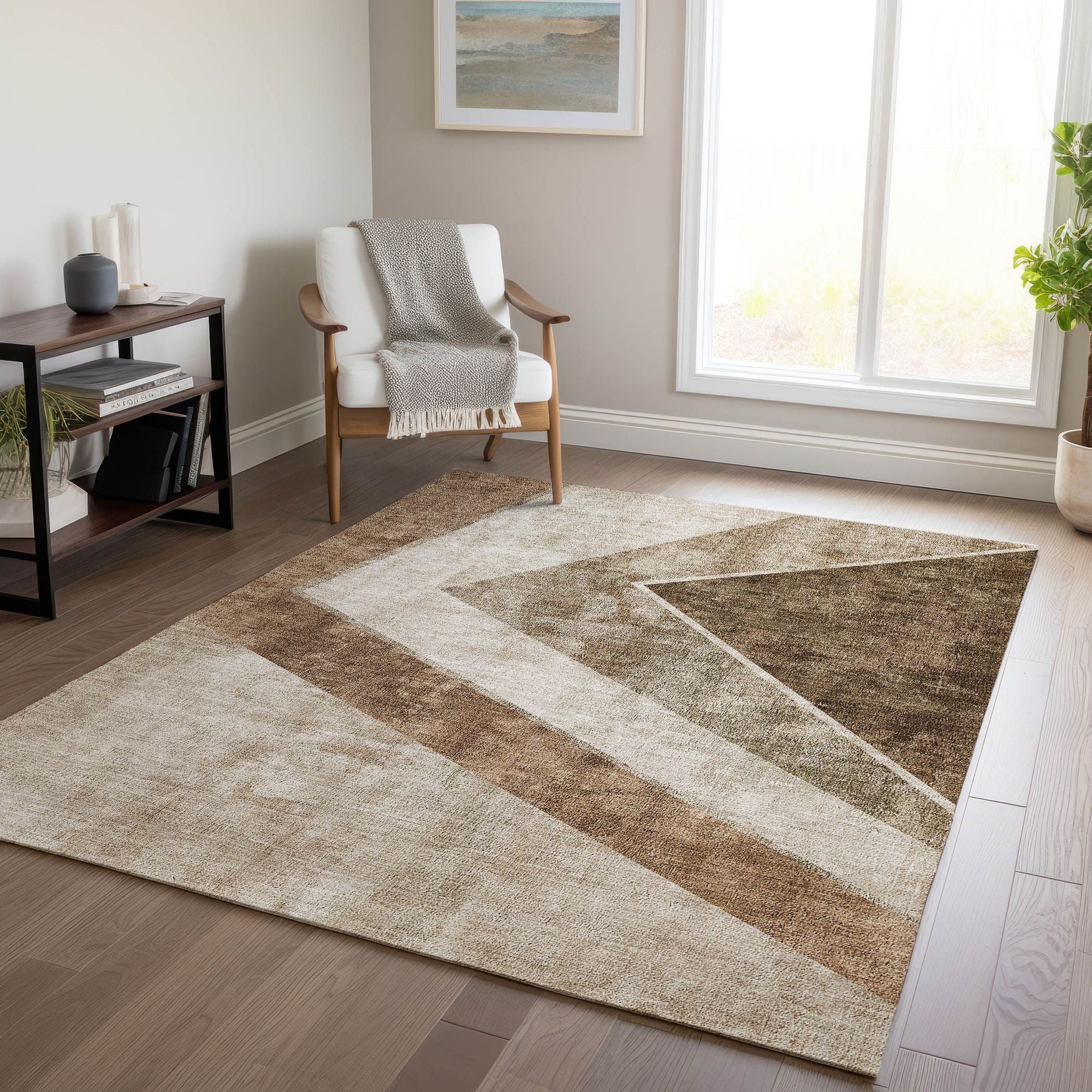 Machine Washable Brown Rug - Indoor / Outdoor - Kids / Pet Friendly Geometric Print Rug