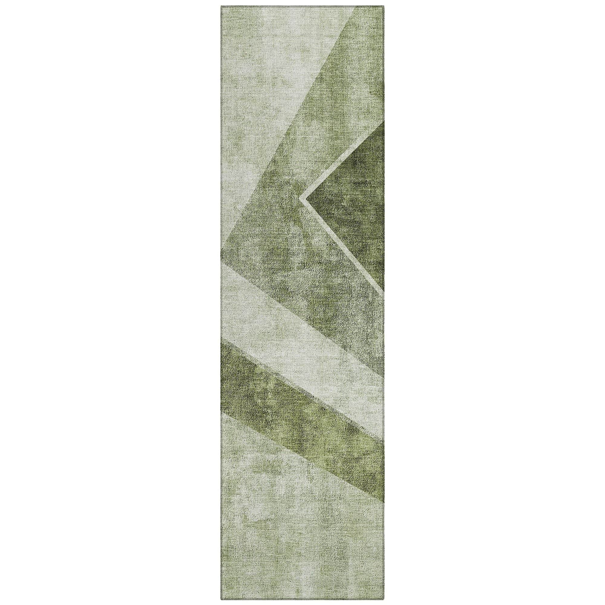 Machine Washable Olive Green Rug - Indoor / Outdoor - Kids / Pet Friendly Geometric Print Rug