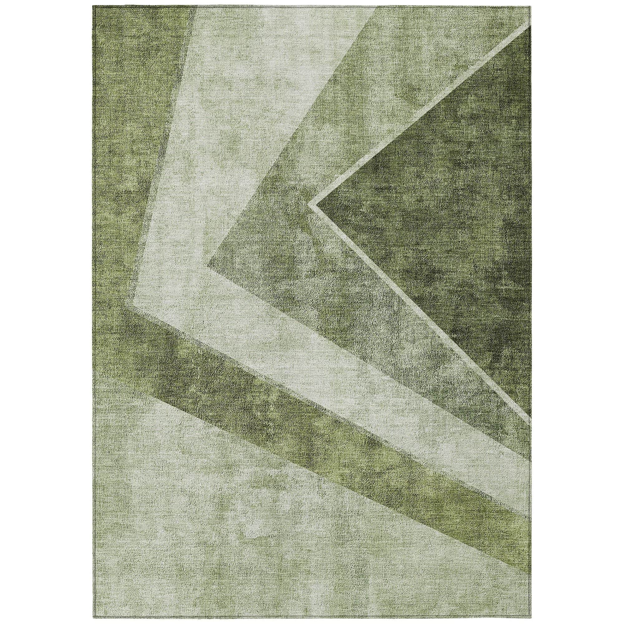 Machine Washable Olive Green Rug - Indoor / Outdoor - Kids / Pet Friendly Geometric Print Rug