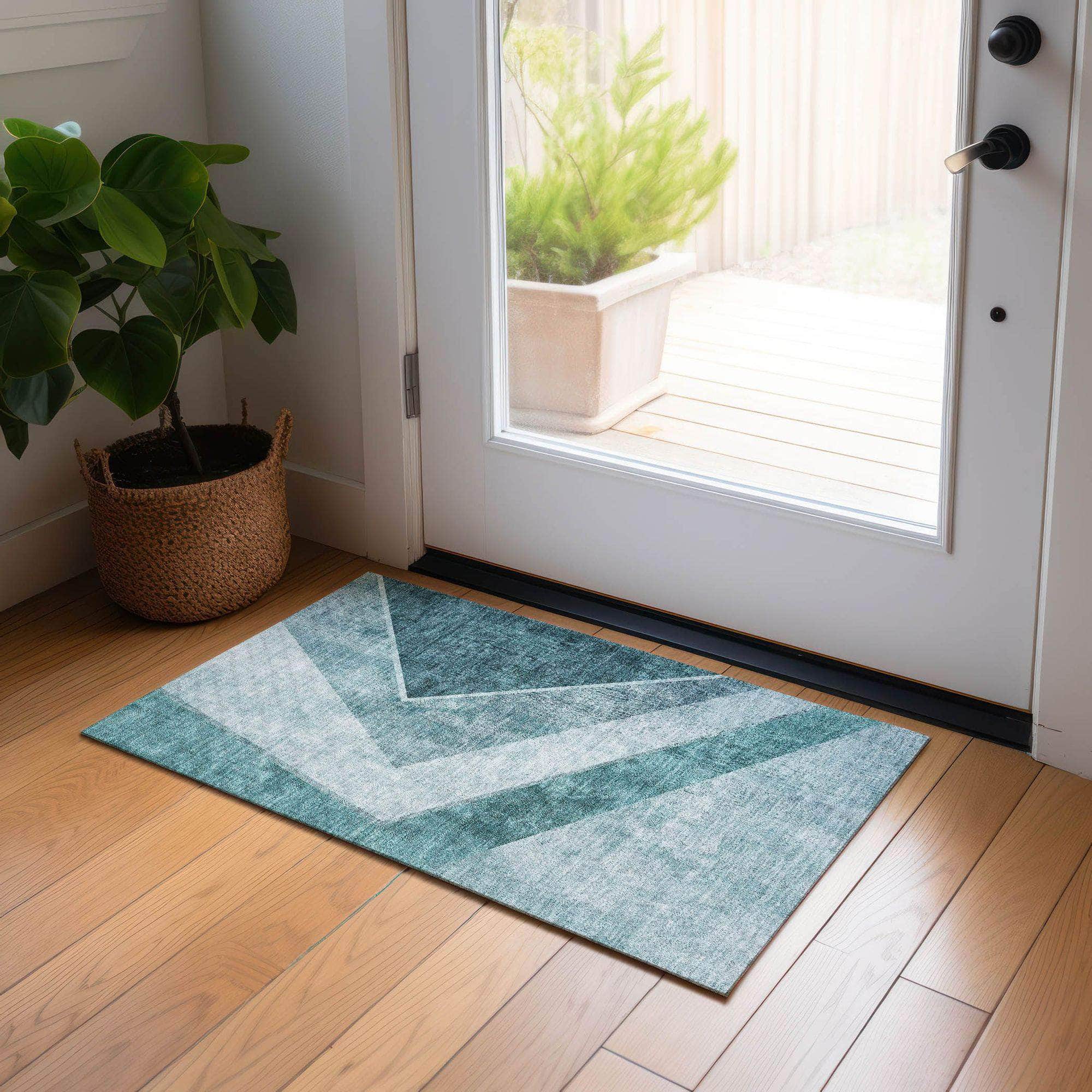 Machine Washable Teal Rug - Indoor / Outdoor - Kids / Pet Friendly Geometric Print Rug