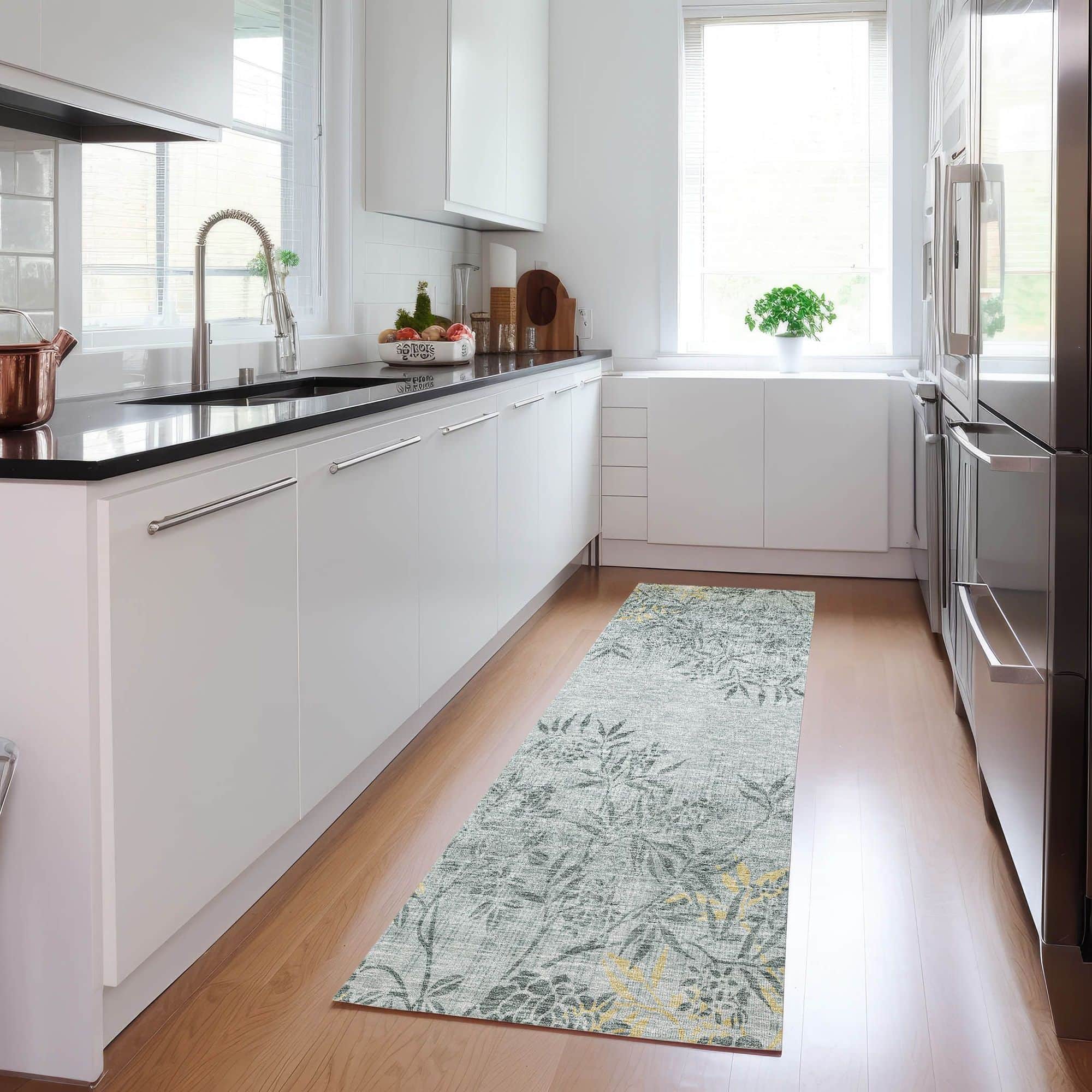 Machine Washable Gray Rug - Indoor / Outdoor - Kids / Pet Friendly Floral Print Rug