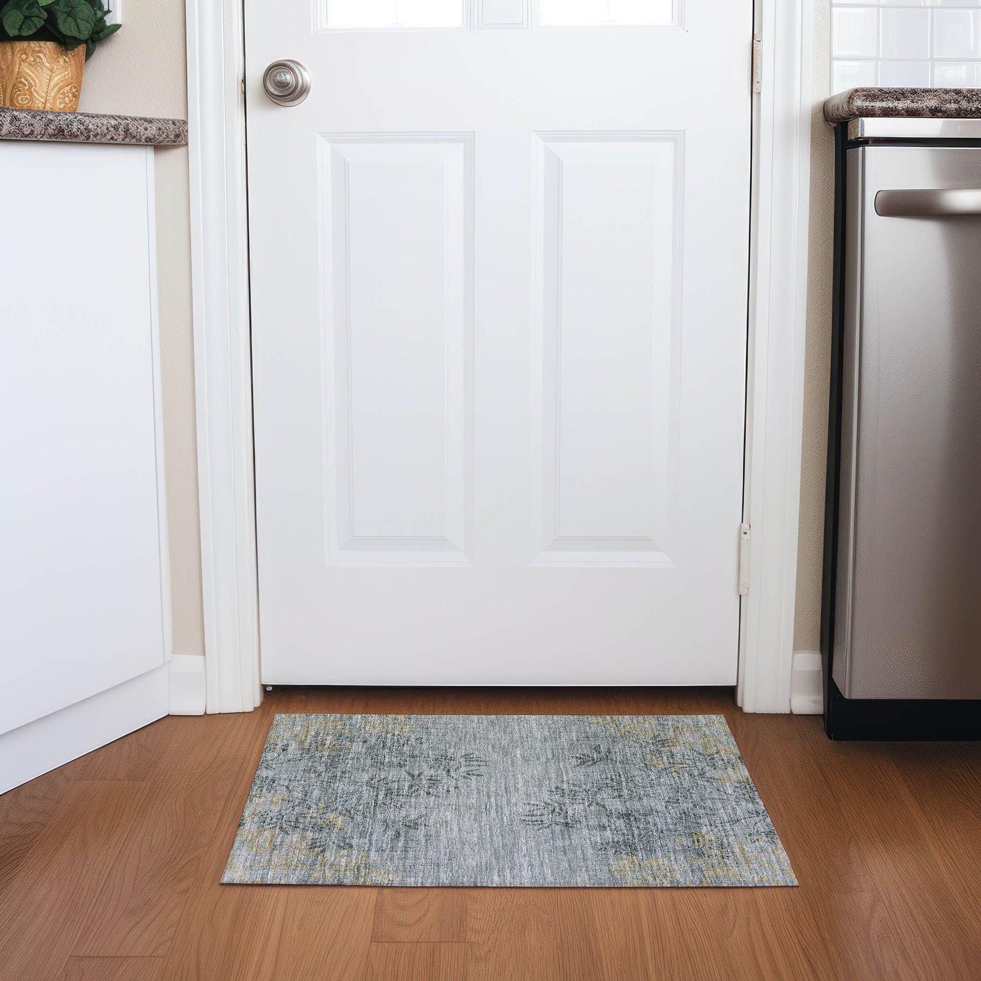 Machine Washable Gray Rug - Indoor / Outdoor - Kids / Pet Friendly Floral Print Rug