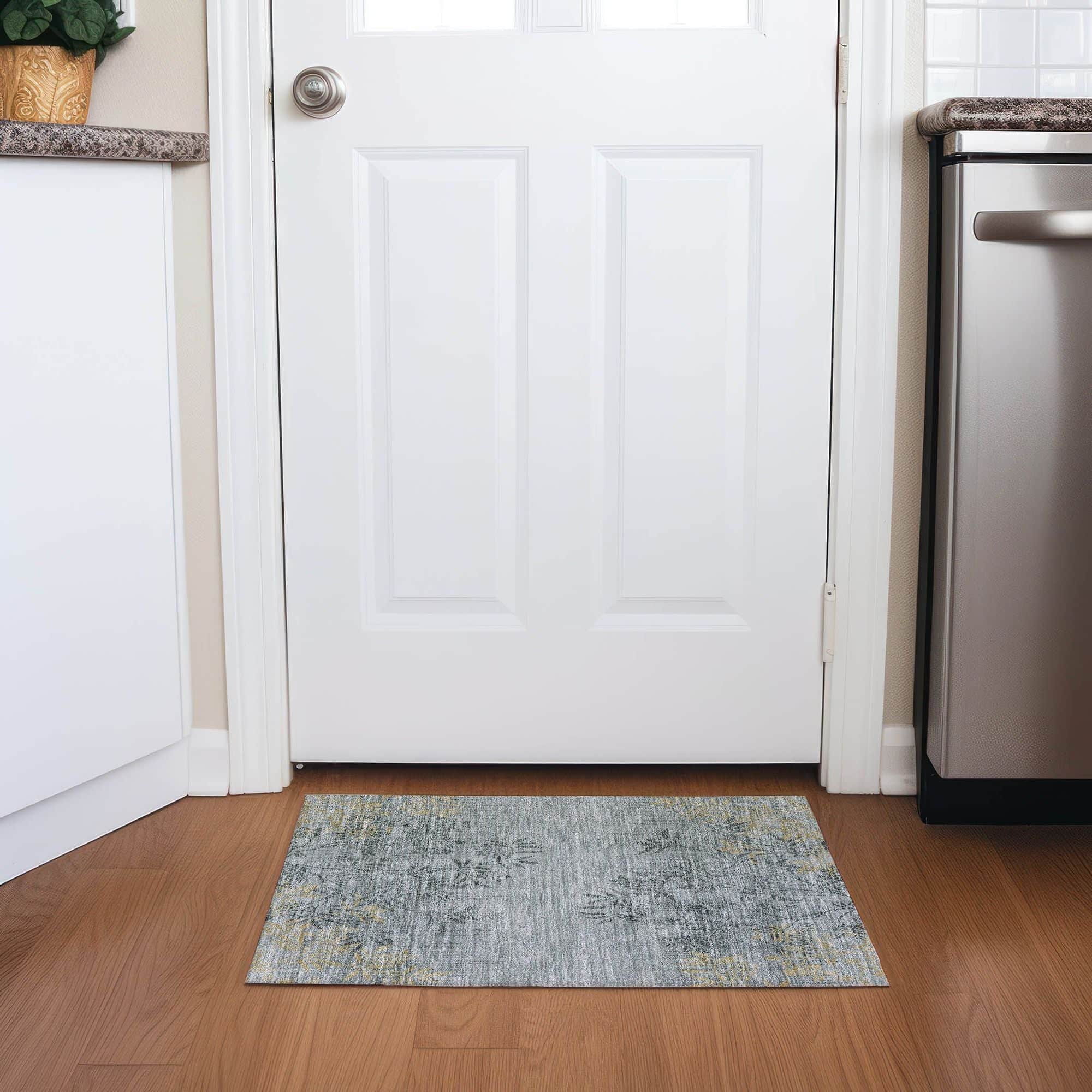 Machine Washable Gray Rug - Indoor / Outdoor - Kids / Pet Friendly Floral Print Rug