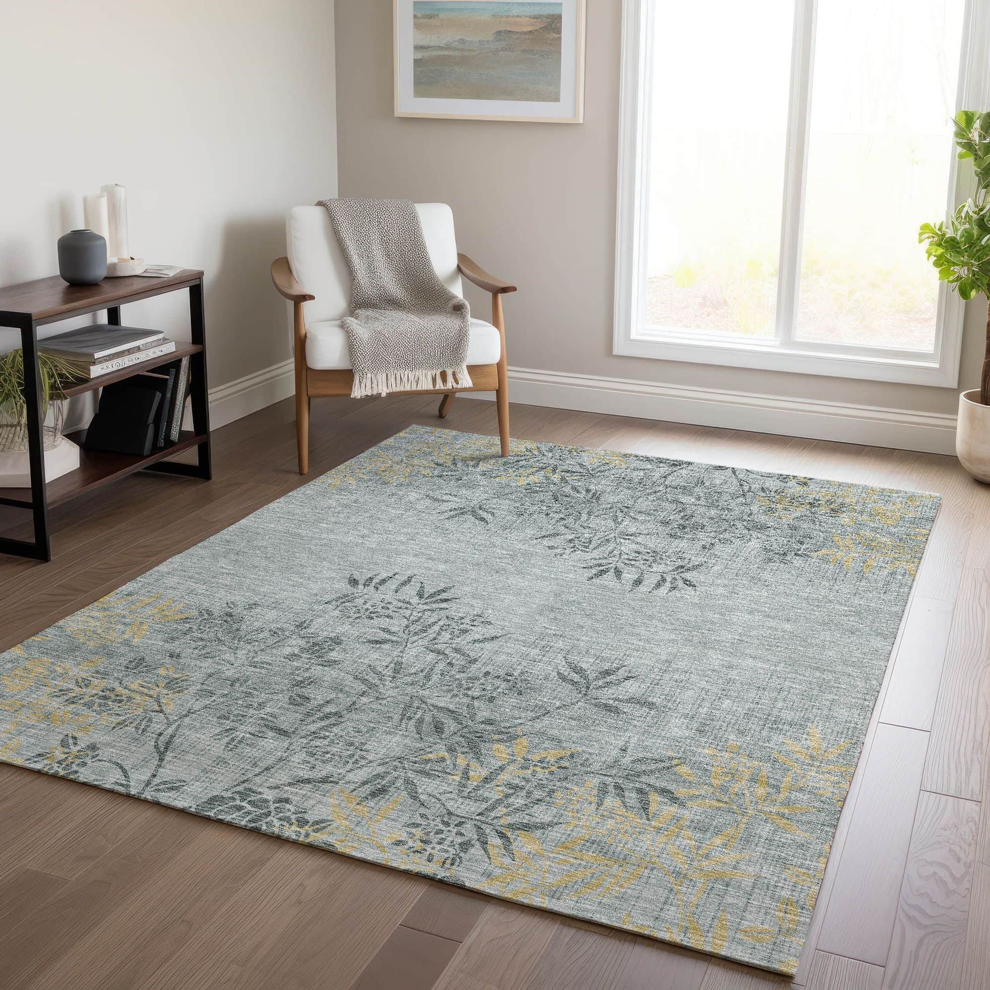 Machine Washable Gray Rug - Indoor / Outdoor - Kids / Pet Friendly Floral Print Rug