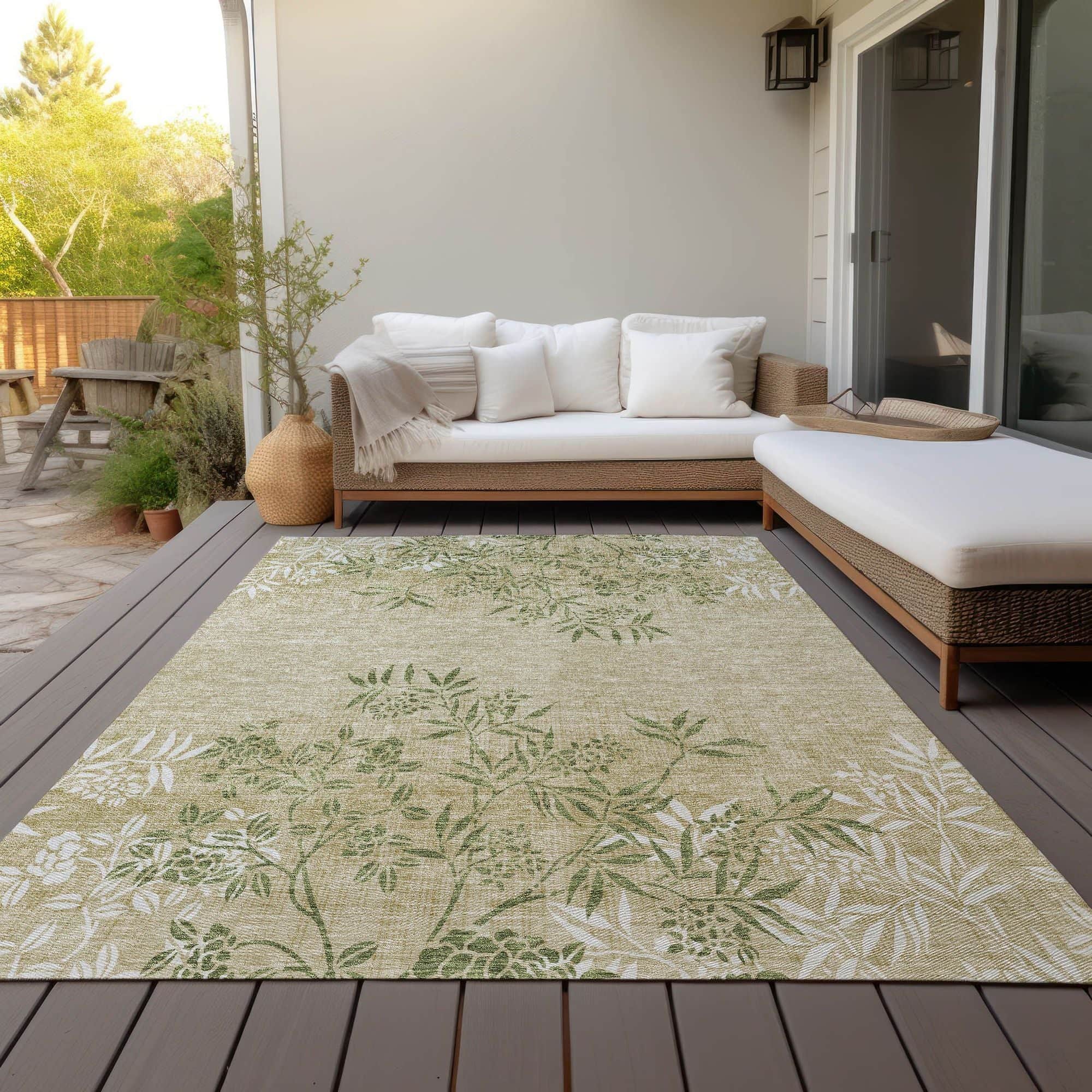 Machine Washable Khaki Brown Rug - Indoor / Outdoor - Kids / Pet Friendly Floral Print Rug