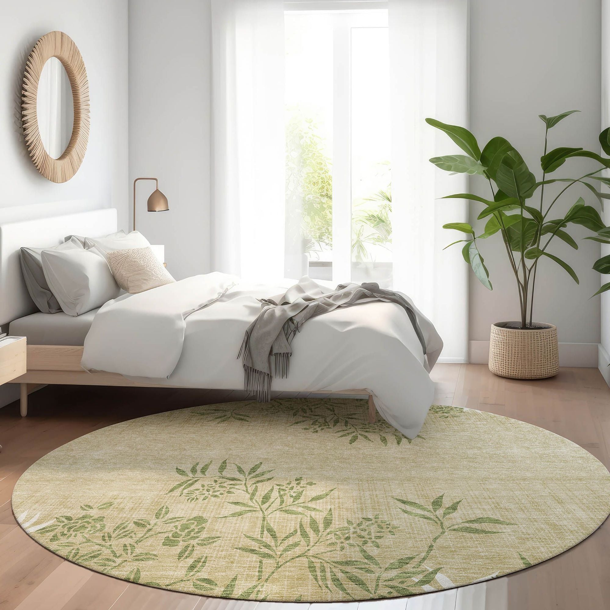 Machine Washable Khaki Brown Rug - Indoor / Outdoor - Kids / Pet Friendly Floral Print Rug