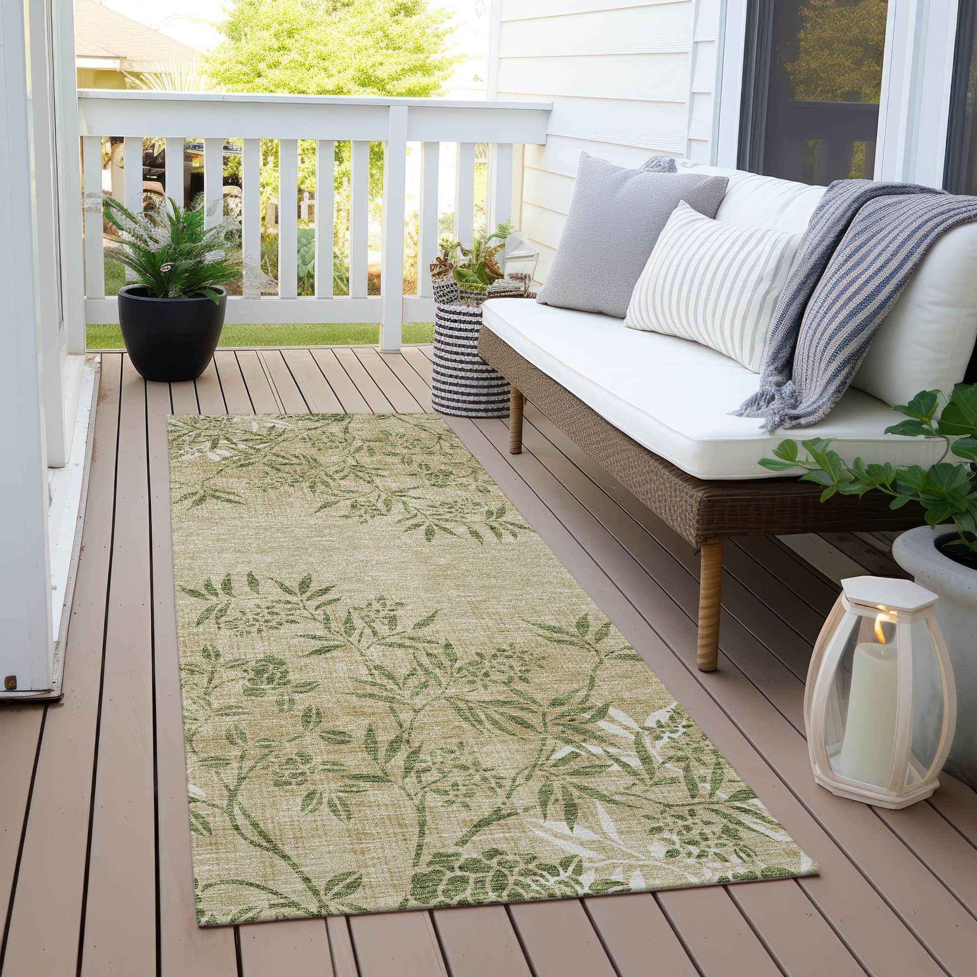 Machine Washable Khaki Brown Rug - Indoor / Outdoor - Kids / Pet Friendly Floral Print Rug