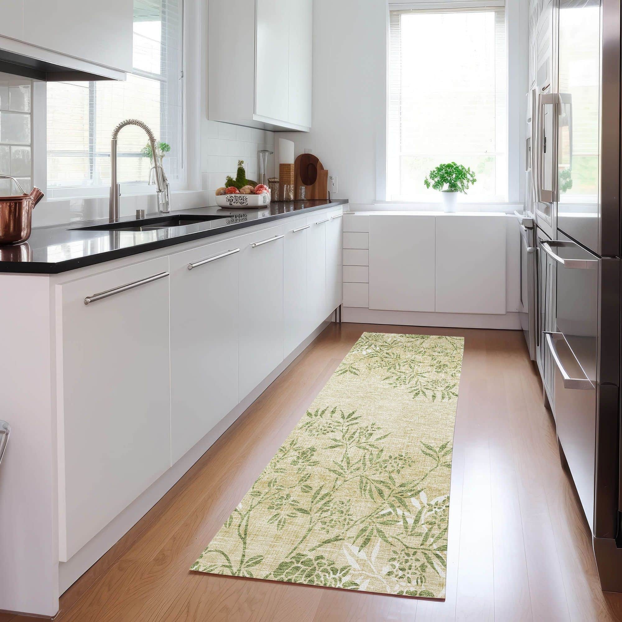 Machine Washable Khaki Brown Rug - Indoor / Outdoor - Kids / Pet Friendly Floral Print Rug
